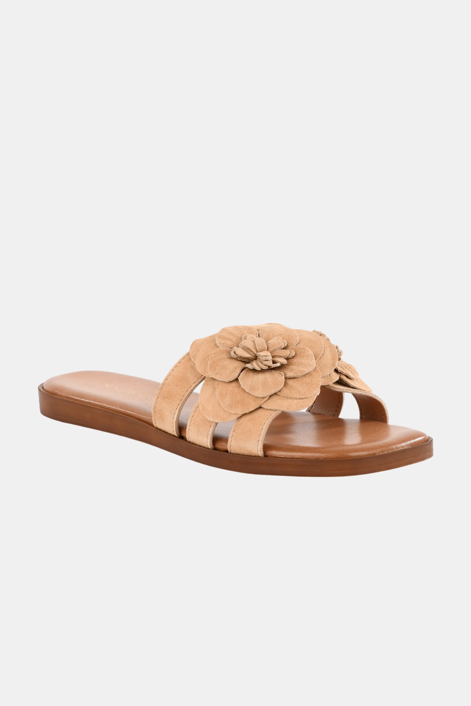 The Seychelles Morning Dew Slide is a tan flat sandal with a brown sole, featuring two suede straps and a large flower detail on the upper. Shown against a plain white background.