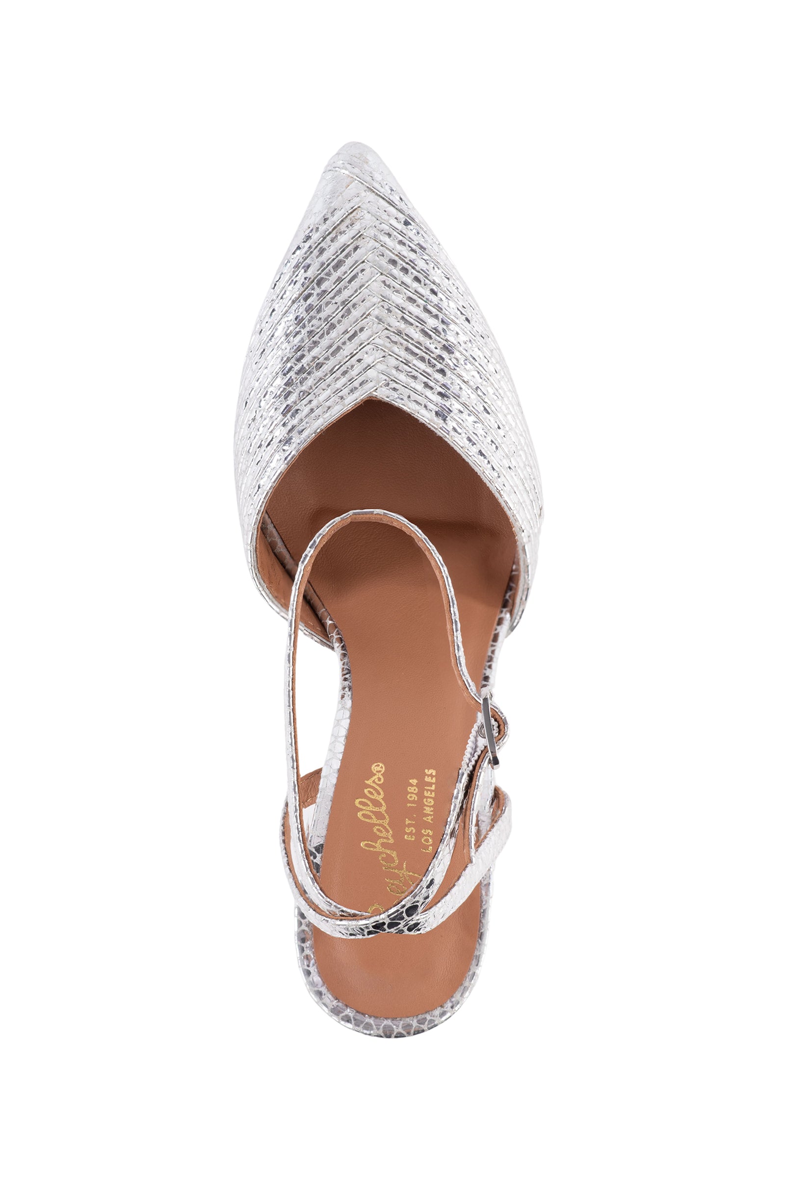 The On To The Next Strappy Silver Heel features a pointed toe, snakeskin texture, and slingback strap, shown from above on a white background.