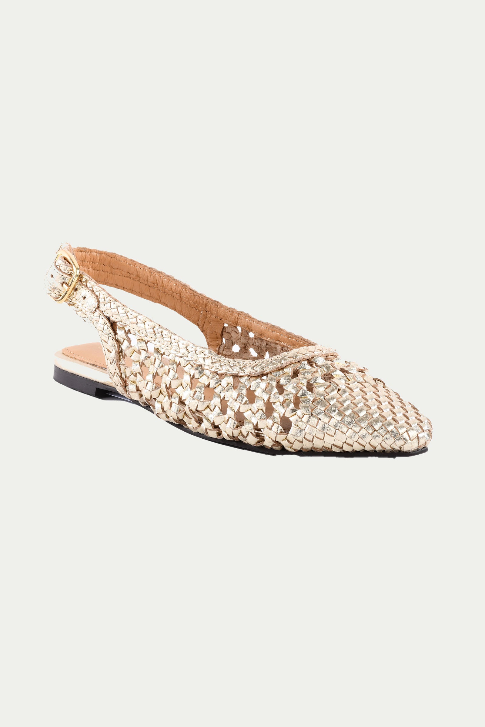 The Avalon Slingback - Gold Leather is a woven flat shoe with a pointed toe, open back, and adjustable slingback strap with a small buckle, shown against a plain white background.
