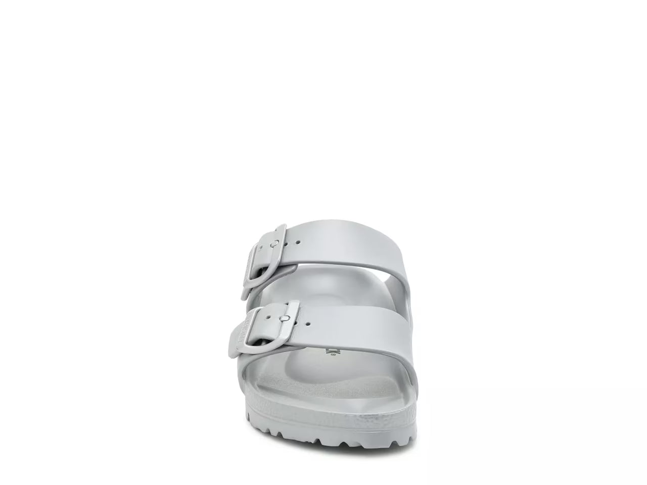 A single Birkenstock Arizona Eva Sandal in white with two adjustable buckle straps is shown from the front against a plain white background.
