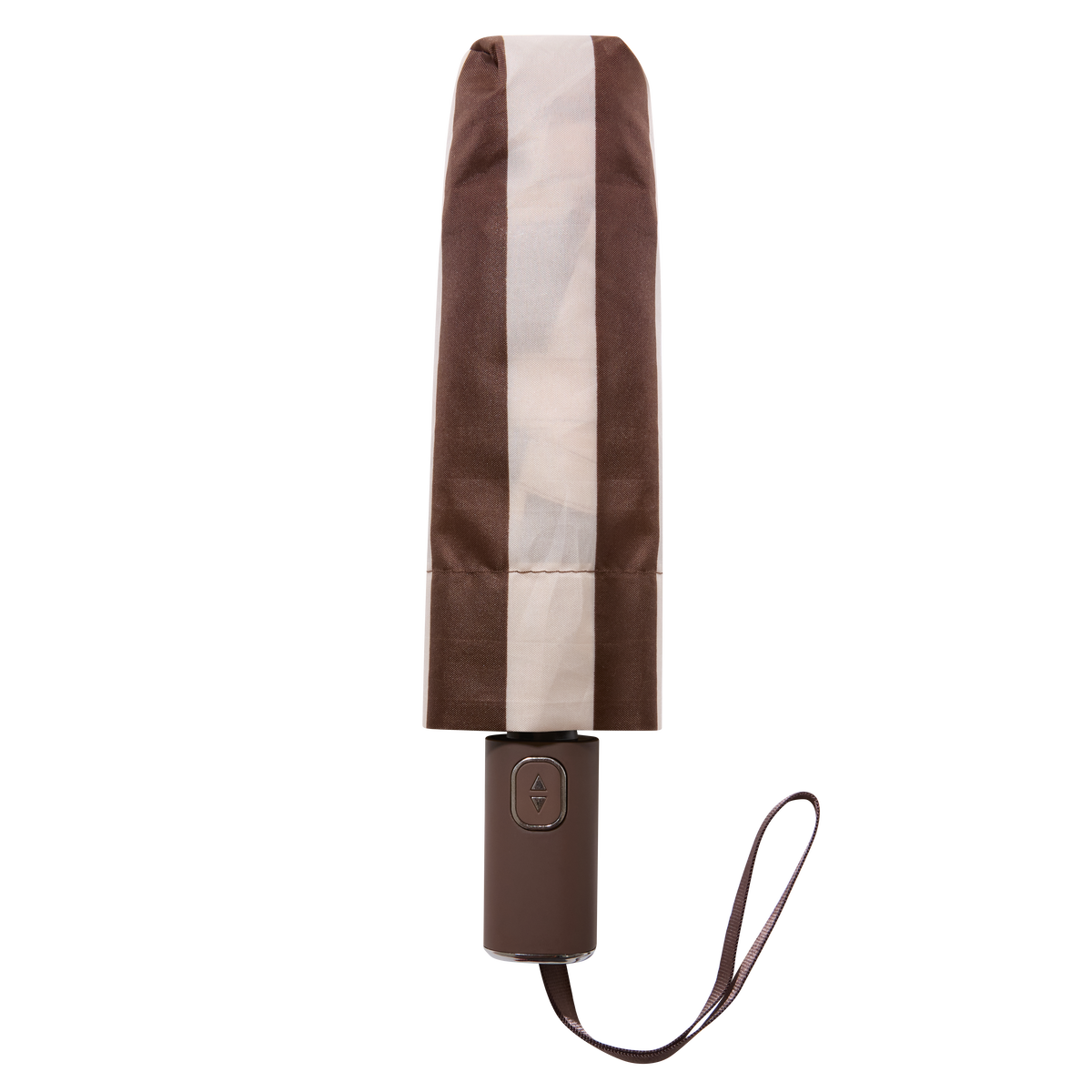 The FABFITFUN UMBRELLA is a closed brown umbrella with a beige vertical stripe, designed with a button on the handle and a wrist strap, photographed against a white background.