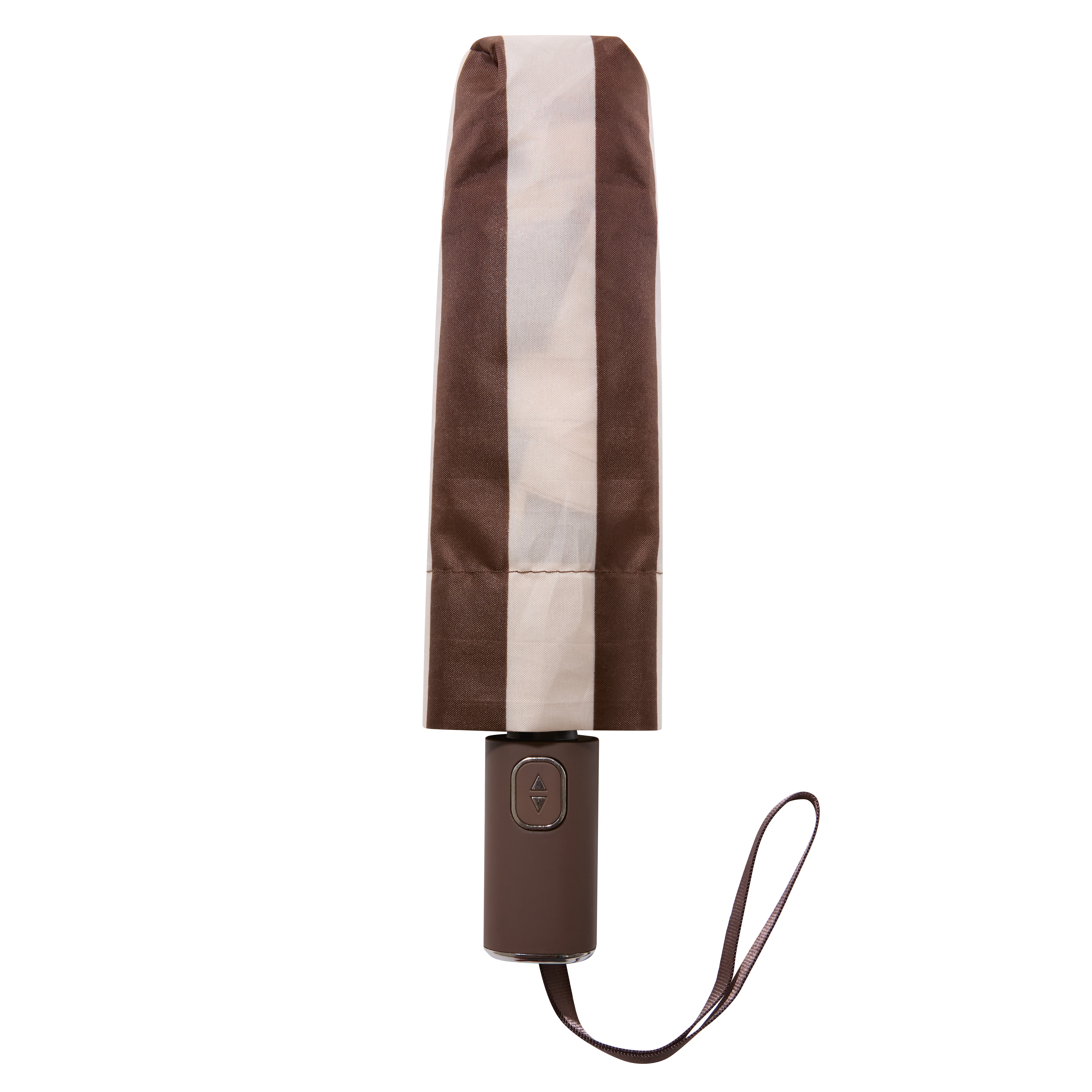 The FABFITFUN UMBRELLA is a closed brown umbrella with a beige vertical stripe, designed with a button on the handle and a wrist strap, photographed against a white background.