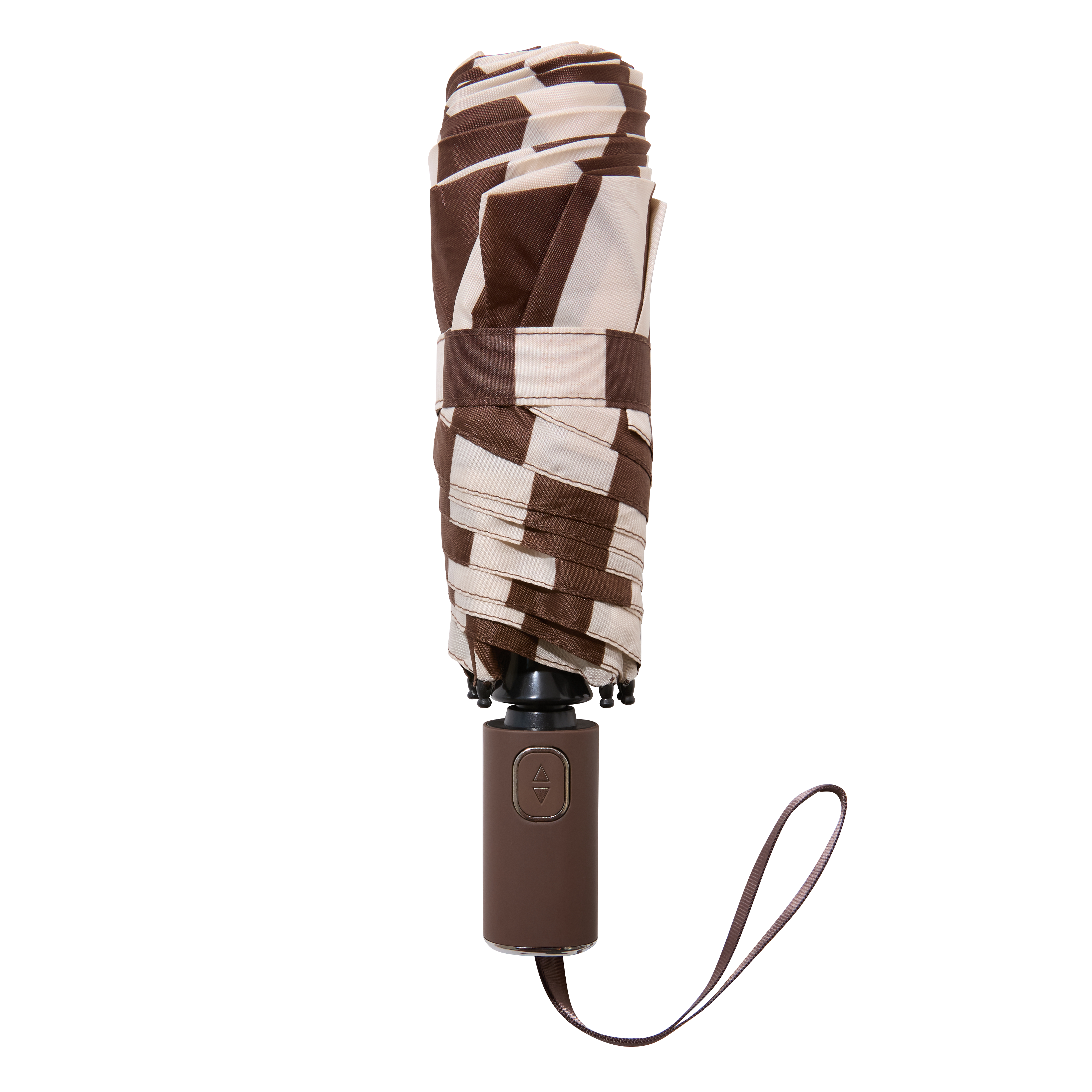 The FABFITFUN UMBRELLA is a closed, compact umbrella with a geometric brown and beige pattern, featuring a dark brown handle and a wrist strap, set against a plain white background.