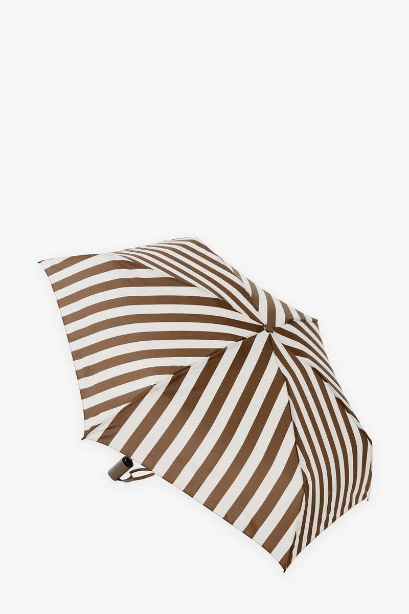 The TT Umbrella, featuring brown and white stripes, is open and displayed from an angled top-down view against a plain white background.