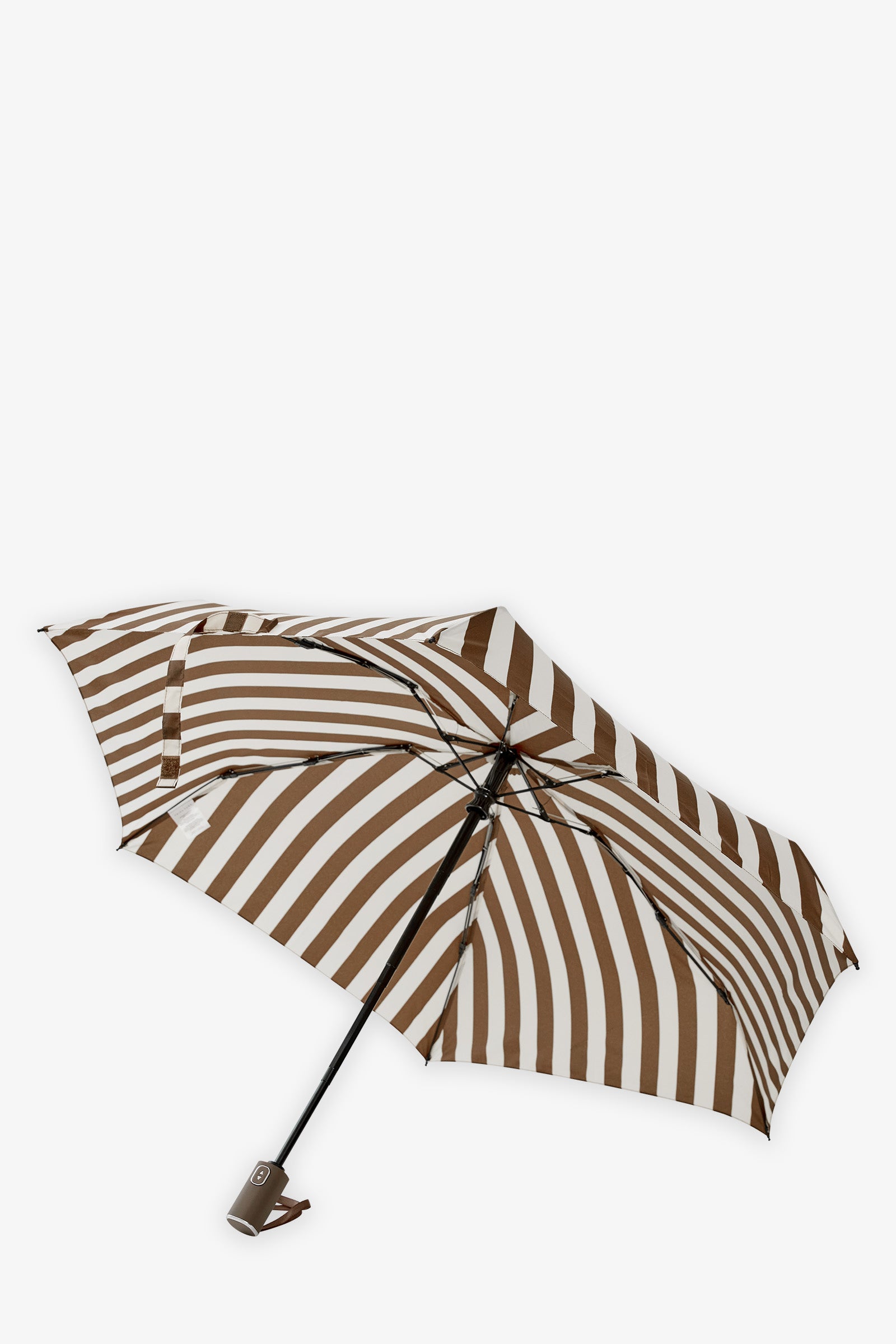 The TT Umbrella features brown and white stripes and a curved handle, shown partially open against a plain white background.