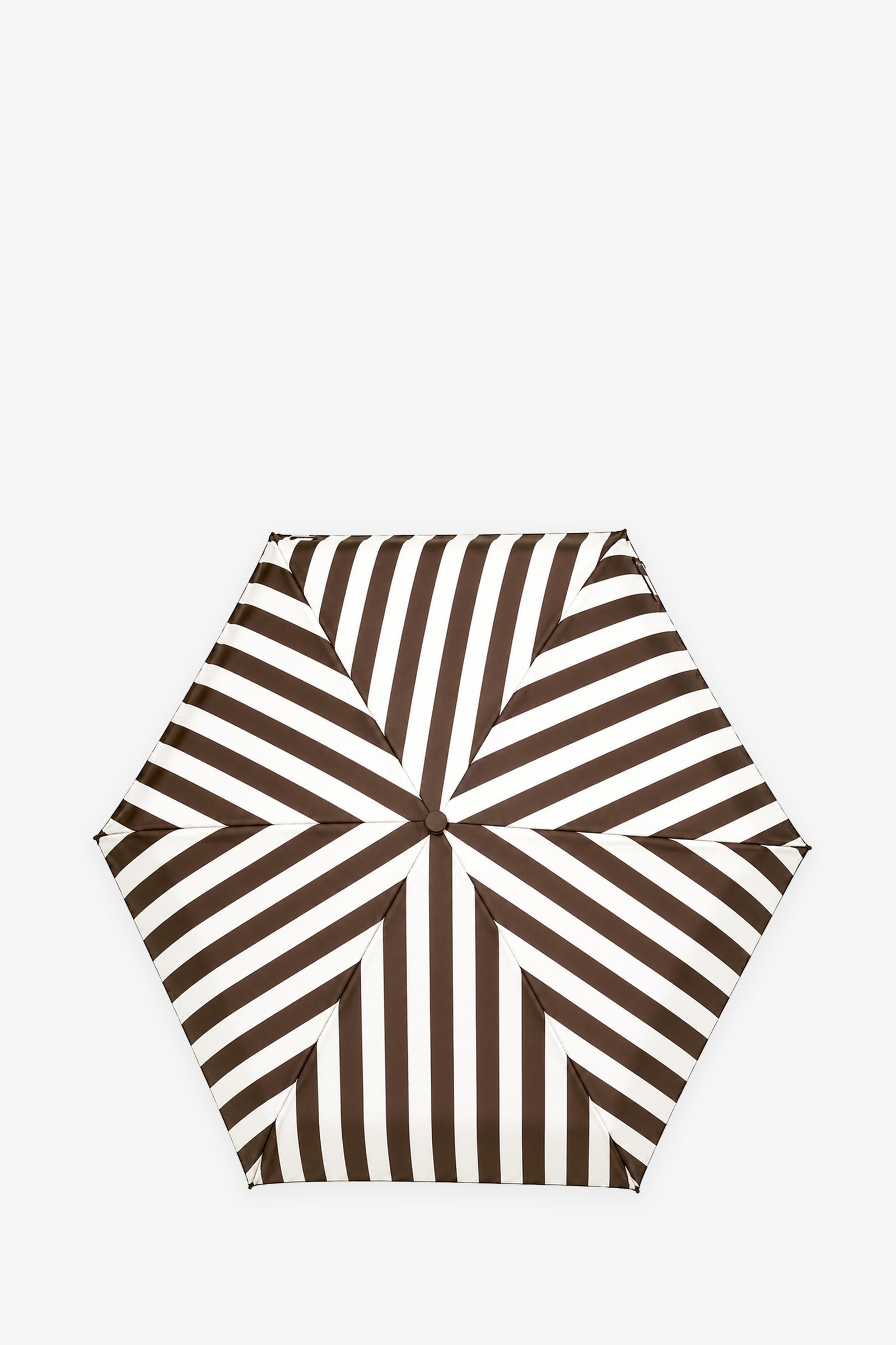 The TT Umbrella features a hexagonal shape with alternating diagonal black and white stripes arranged in a striking geometric pattern, shown from above against a white background.