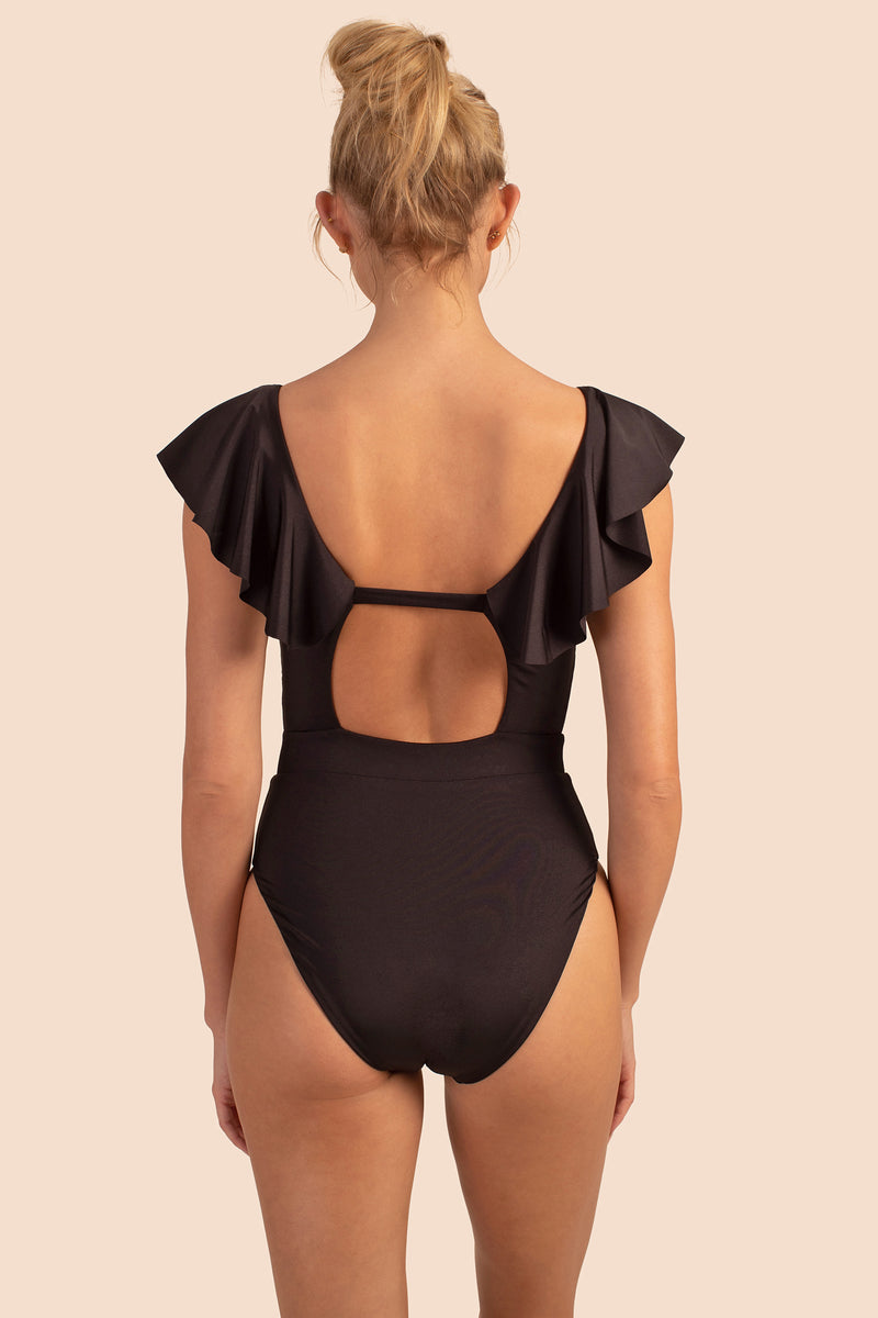 MONACO SOLIDS RUFFLE PLUNGE ONE PIECE in BLACK additional image 1