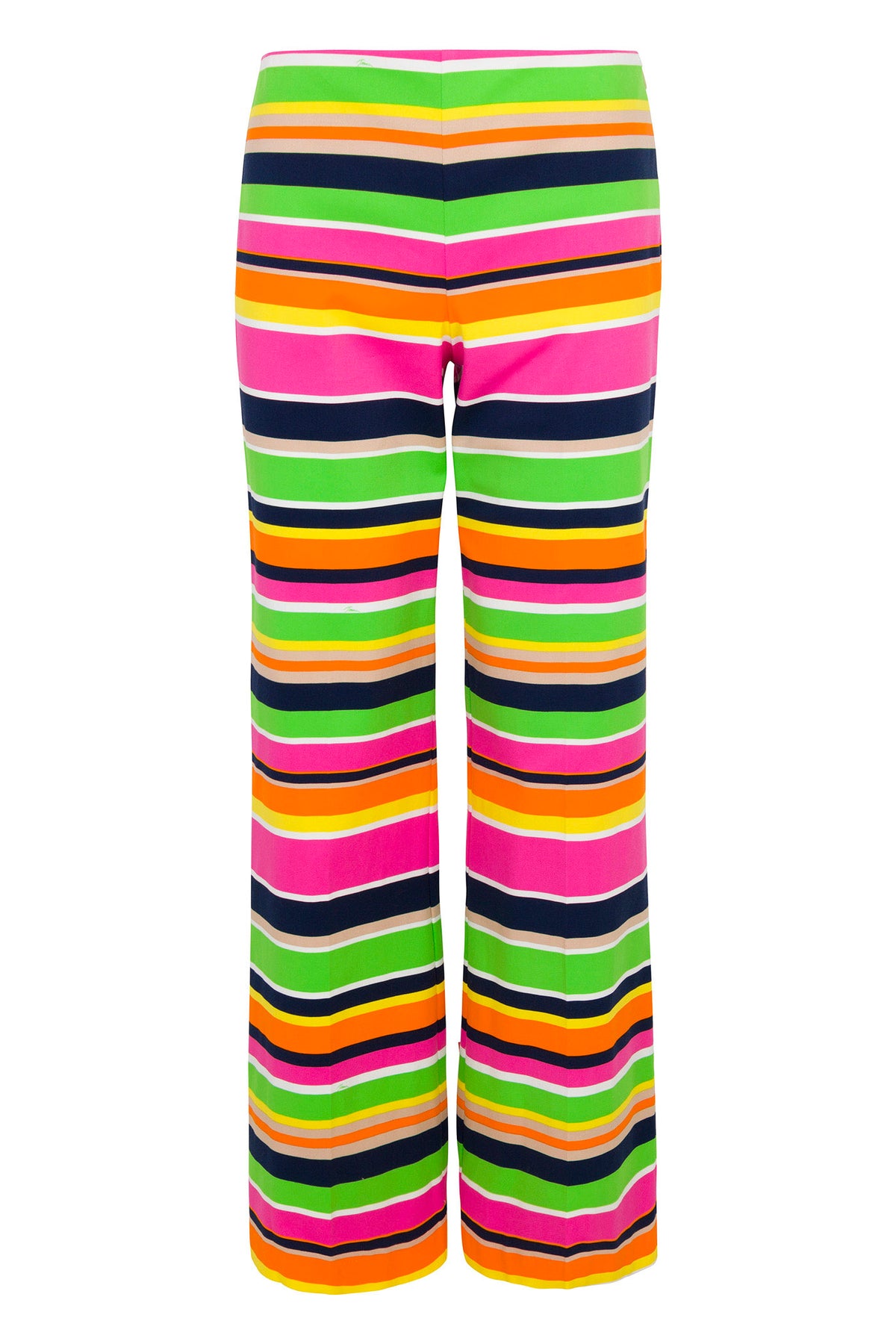 The Rudi Straight-Leg Pant – Splash Stripe features horizontal stripes in pink, green, orange, yellow, navy blue, and black of varying thickness along the full length of these brightly colored pants.