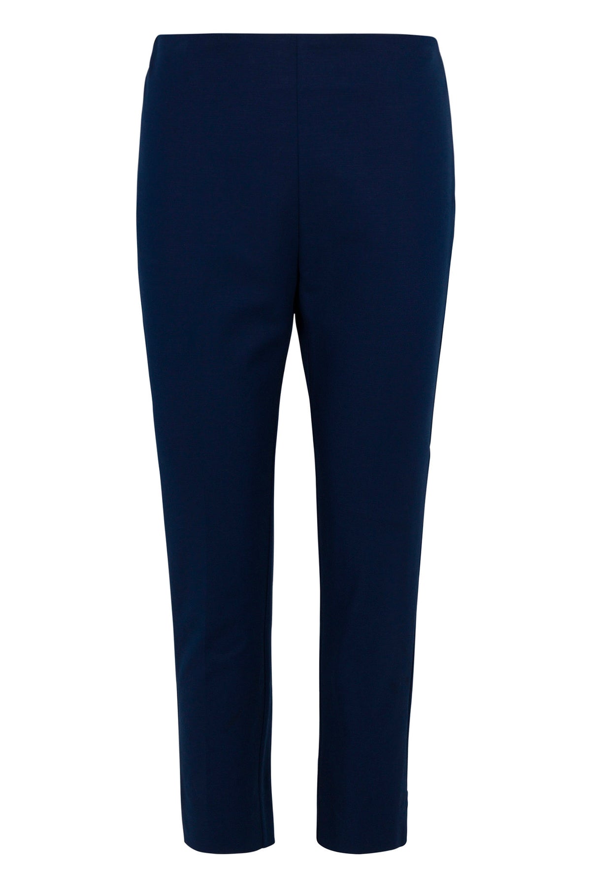 The Tie Breaker Slim Crop Pant - Solid Suiting features a navy blue color, high waist, straight-leg fit, and ankle-length hem, displayed against a white background.
