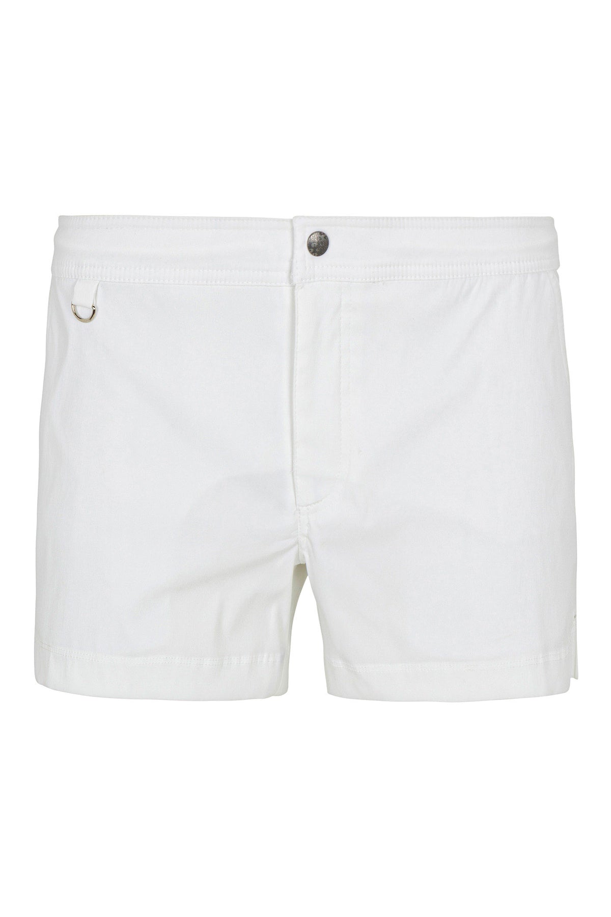 The Chico Swim Trunk - Lemar Solid is a pair of white mens swim shorts featuring a front button closure, a small metal loop on the left waistband, and a minimalist design.