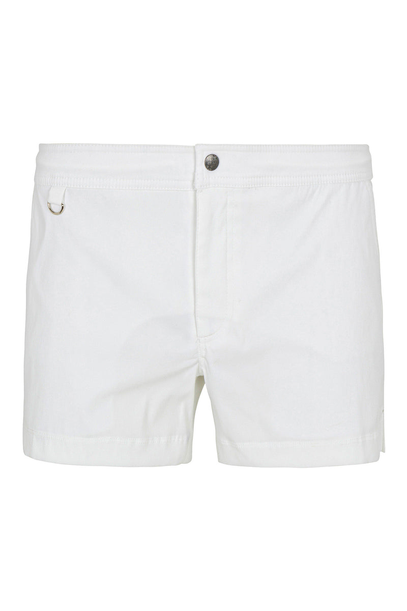 The Chico Swim Trunk - Lemar Solid is a pair of white mens swim shorts featuring a front button closure, a small metal loop on the left waistband, and a minimalist design.