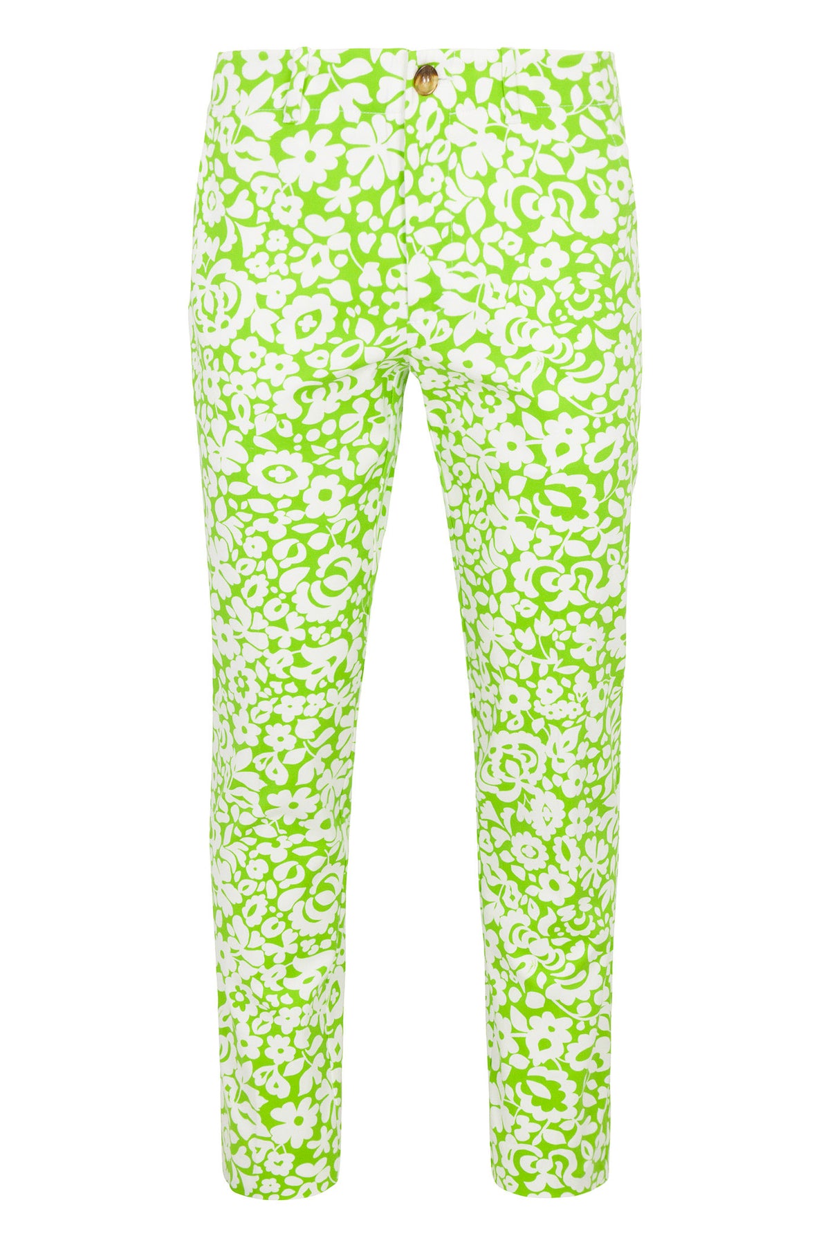 The Alex Slim Trouser - Poolside Gossip is a slim-fit pant in bright green and white with an all-over floral pattern, displayed against a white background.