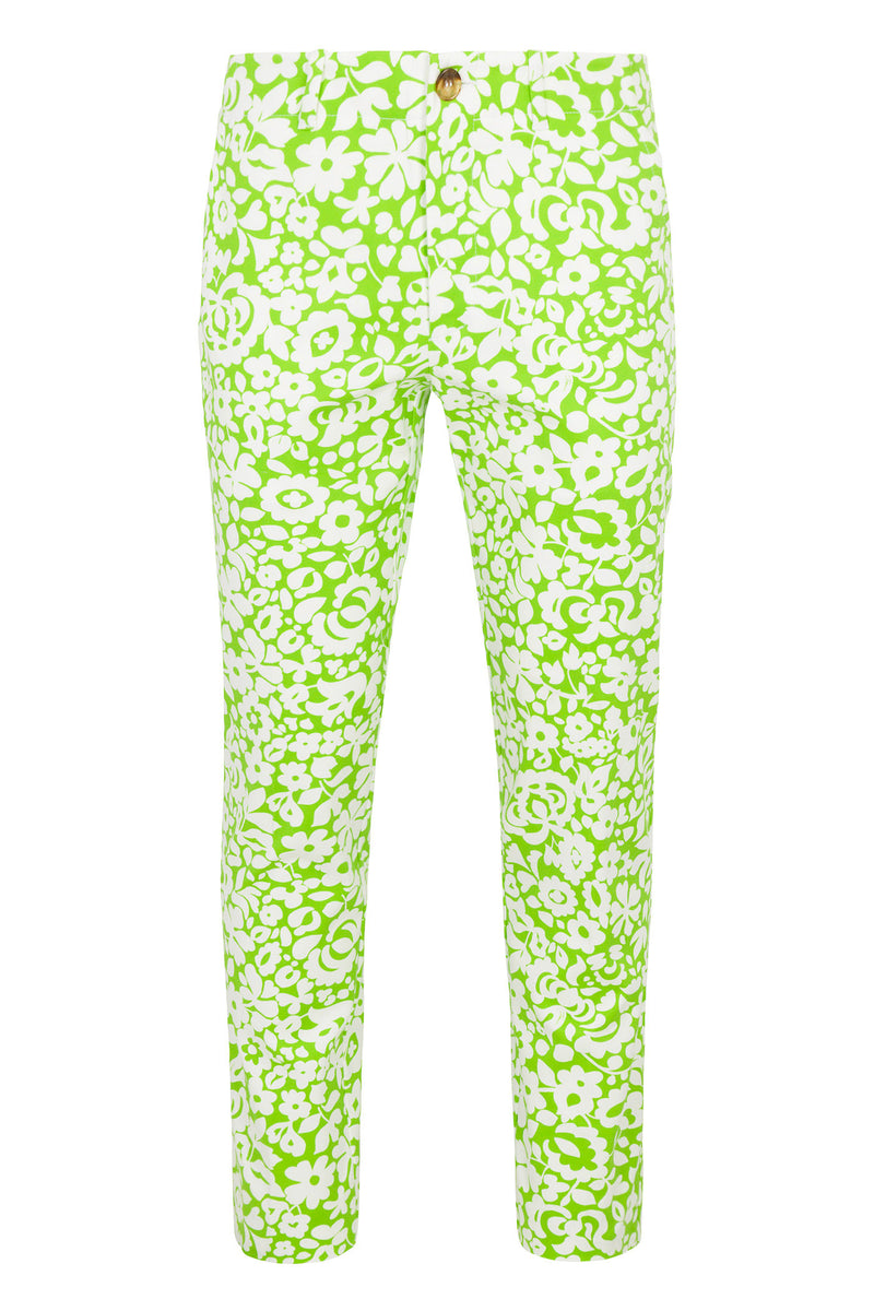 The Alex Slim Trouser - Poolside Gossip is a slim-fit pant in bright green and white with an all-over floral pattern, displayed against a white background.