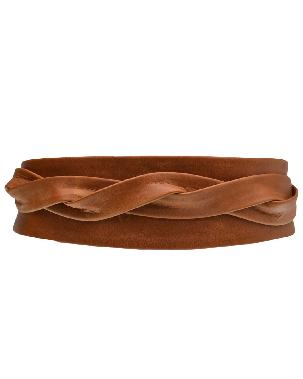 The ADA CLASSIC WRAP BELT is a wide brown leather belt featuring a twisted, braided design across the front, shown against a white background for a chic, waist-defining accent.