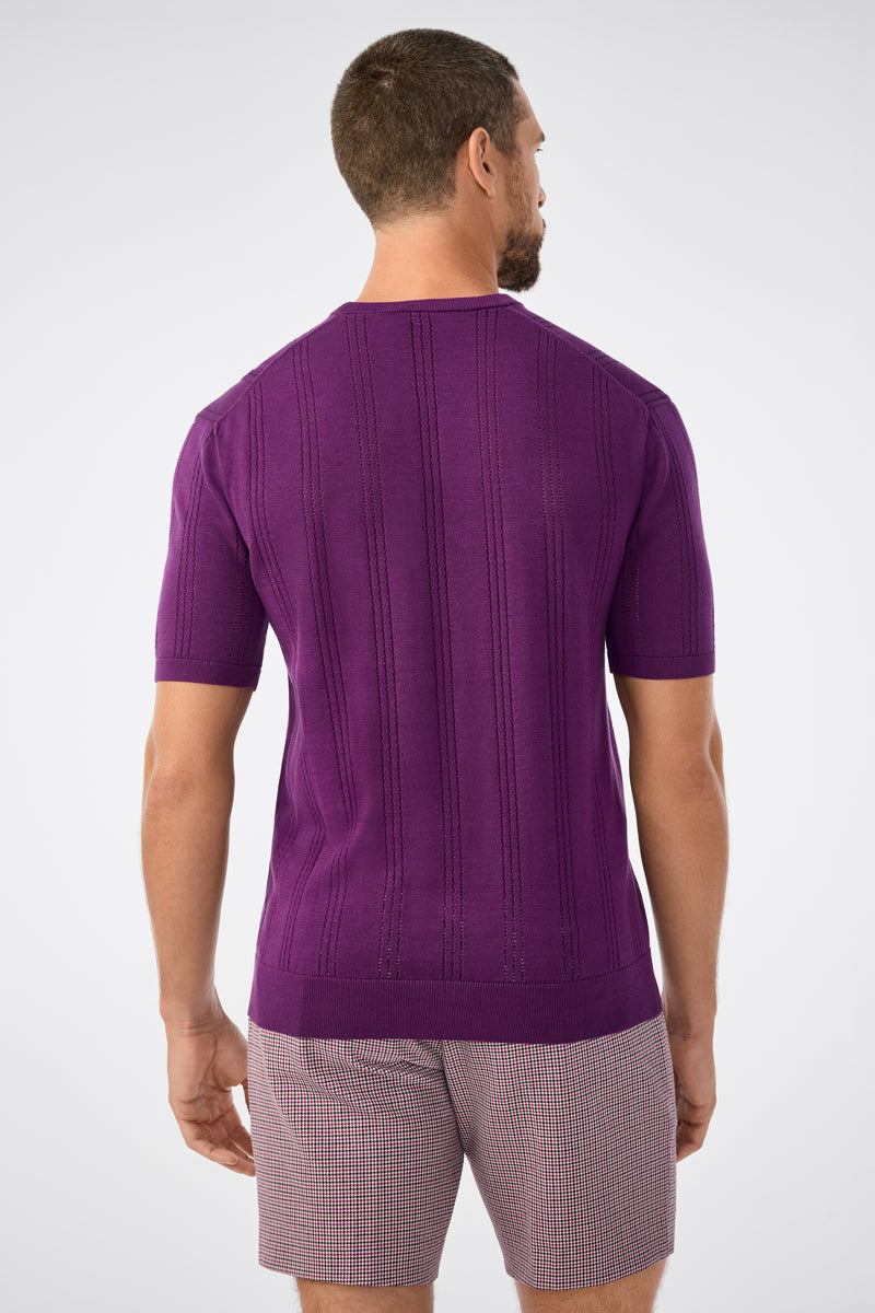 A man stands with his back to the camera in a Carlo Short-Sleeve Crewneck, purple knit, and plaid shorts against a plain light gray background.