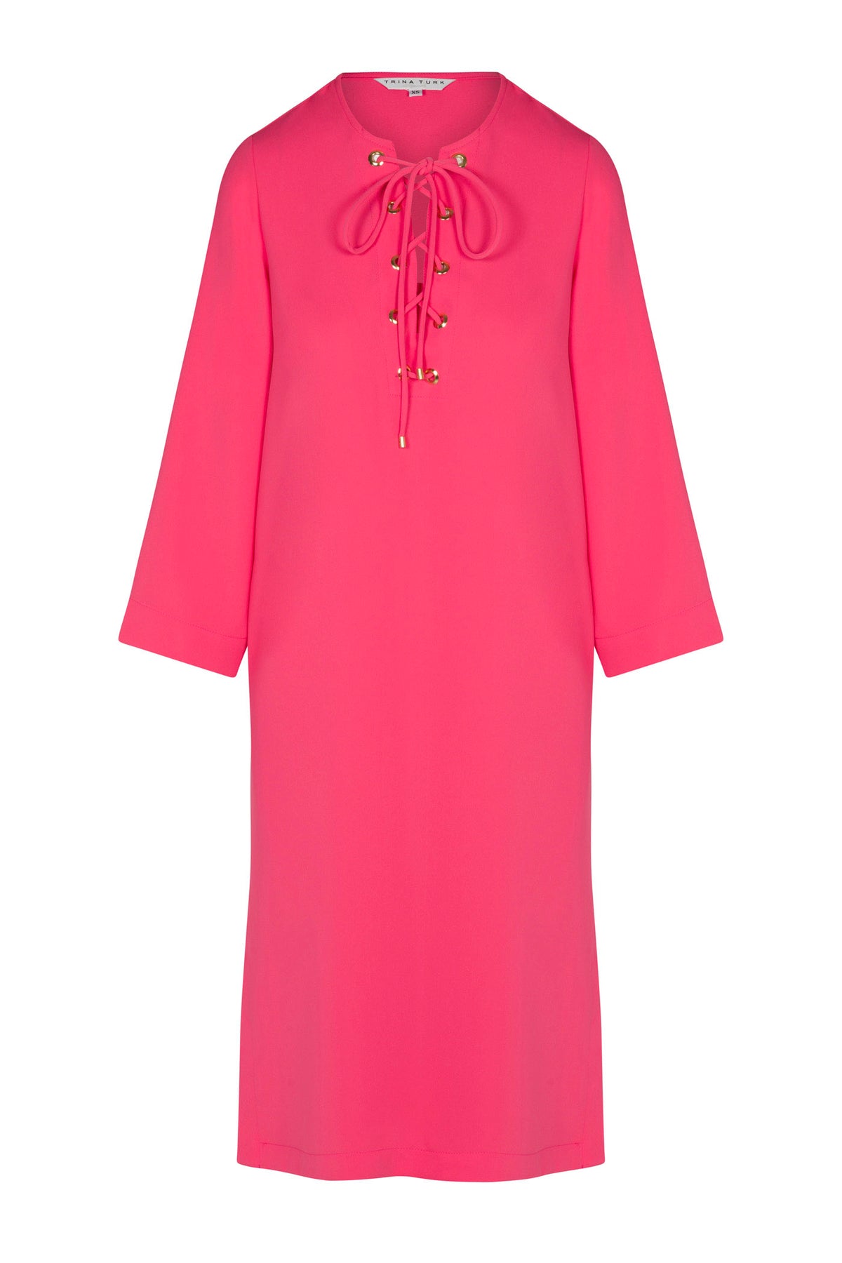 The Catamaran 3/4-Sleeve Midi Dress is a bright pink, knee-length dress with a lace-up neckline featuring gold-tone beads and three-quarter sleeves. It has a relaxed, straight silhouette for effortless style.