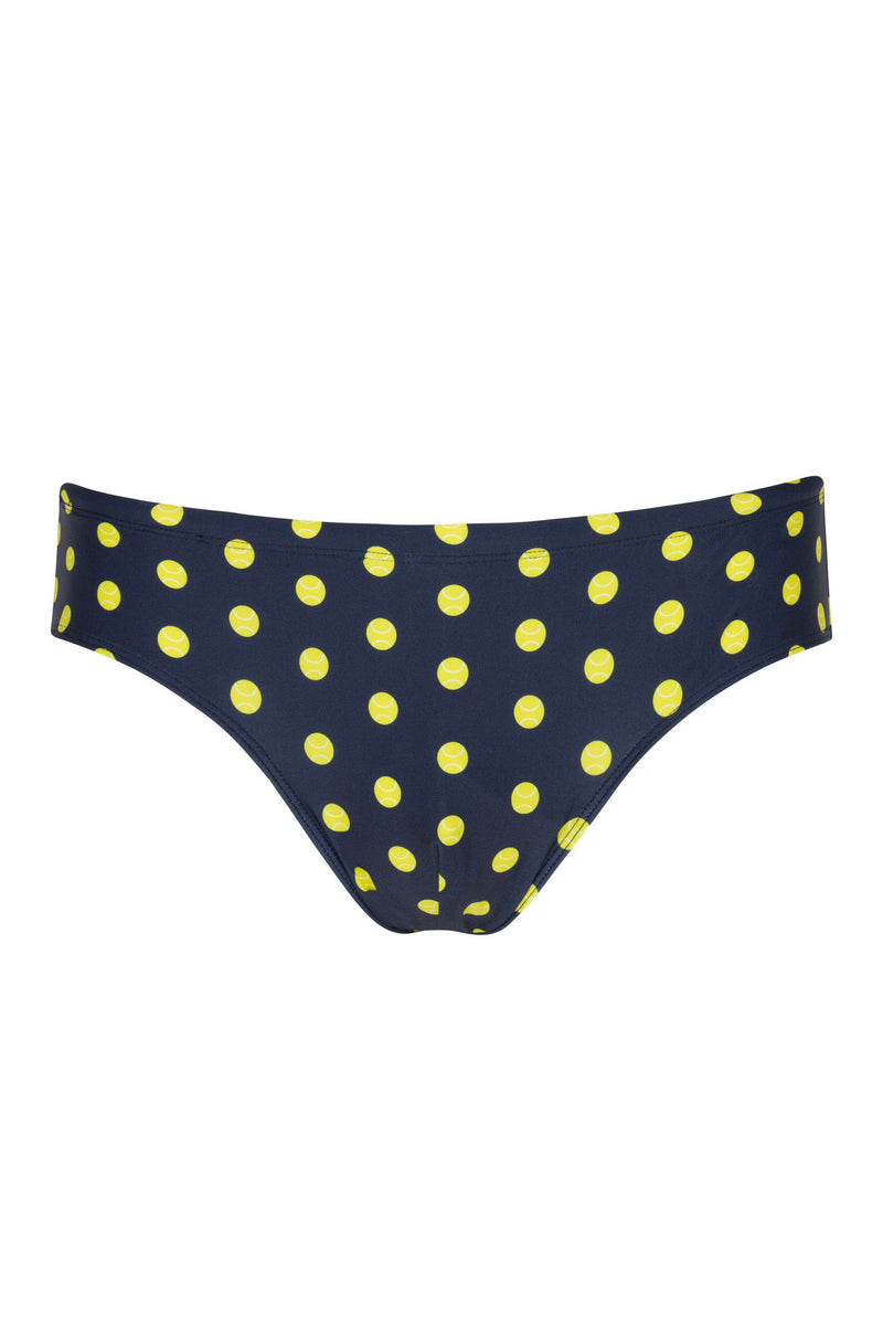 The Bondi Swim Brief - Tennis Polka Dot features navy blue bikini bottoms with evenly spaced yellow polka dots.