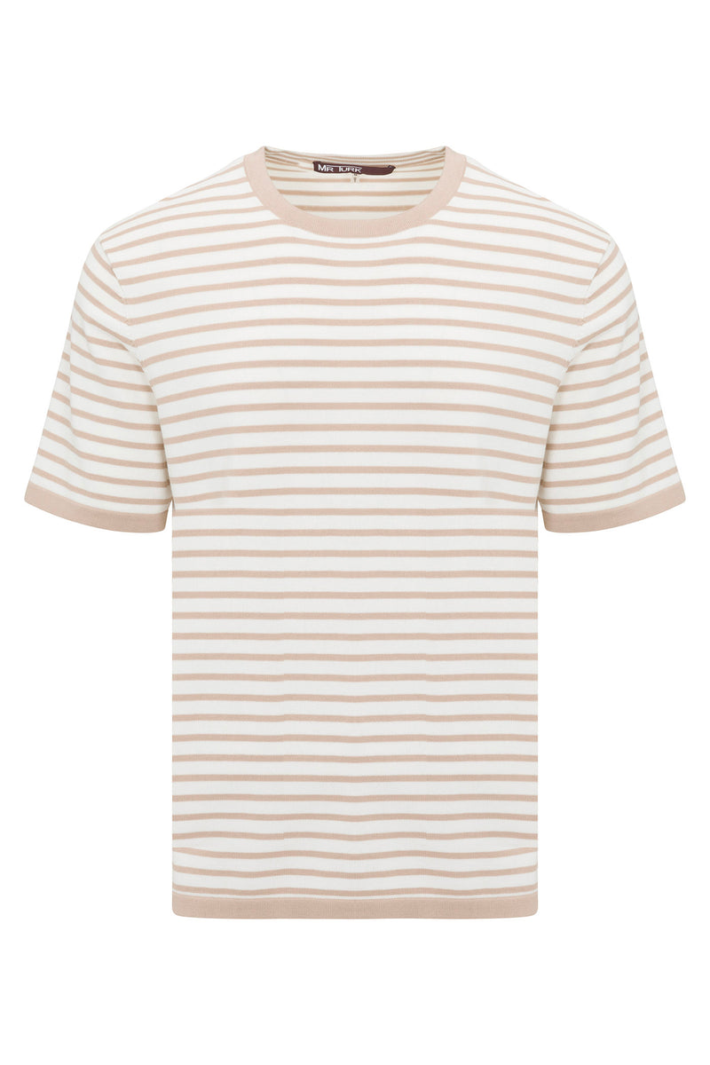 The Giovanni Stripe Short-Sleeve Pullover features beige and white horizontal stripes, a crew neck, and solid beige trim on the collar, sleeves, and hem for a simple, casual look.