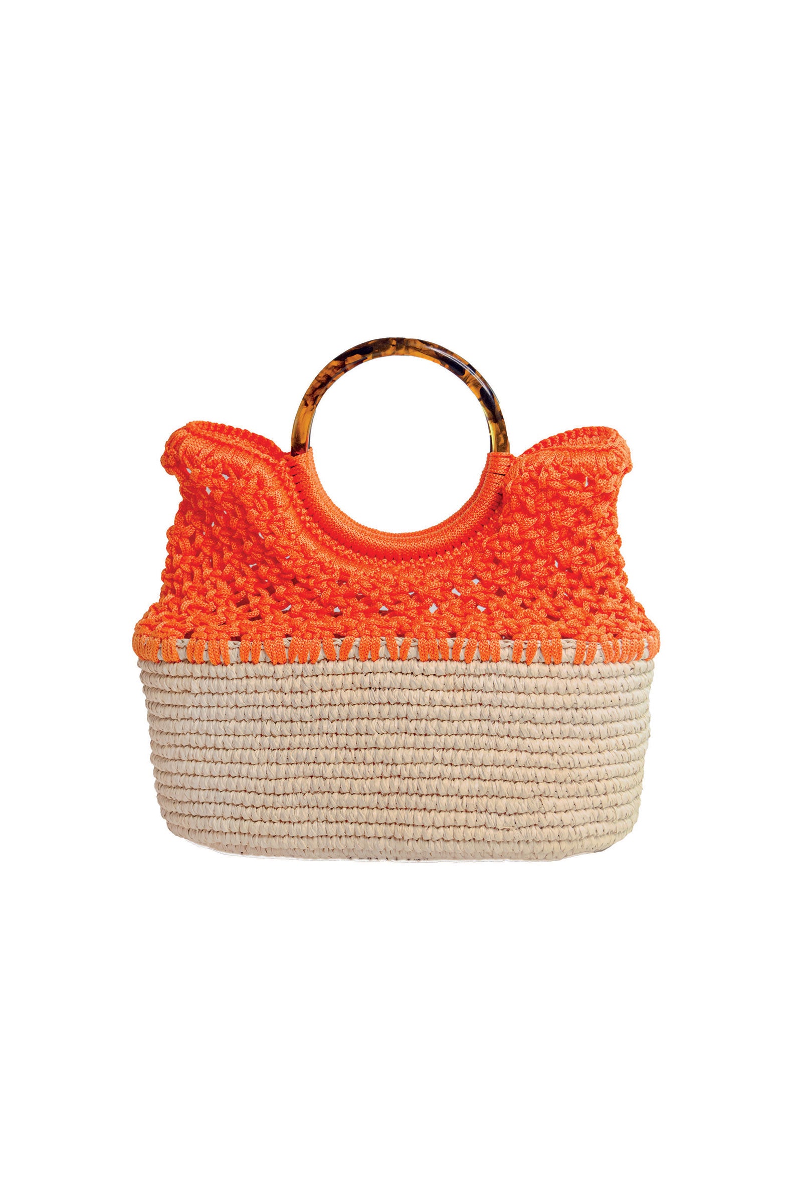 The Sensi Studio Mini Net Basket in orange features a colorblock design with a beige base and round tortoiseshell handles—ideal for making a standout statement.