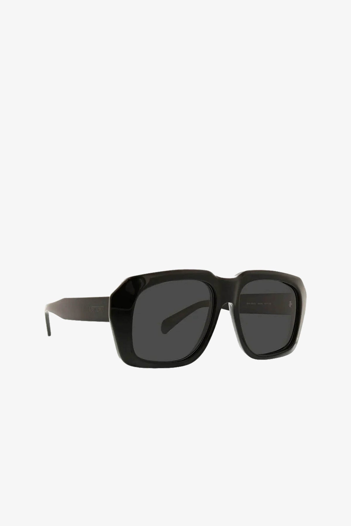 Andros Sunglass in a black rectangular shape with thick frames and dark lenses, displayed at an angle on a white background. The slightly visible arms emphasize the sturdy design of these sunglasses.