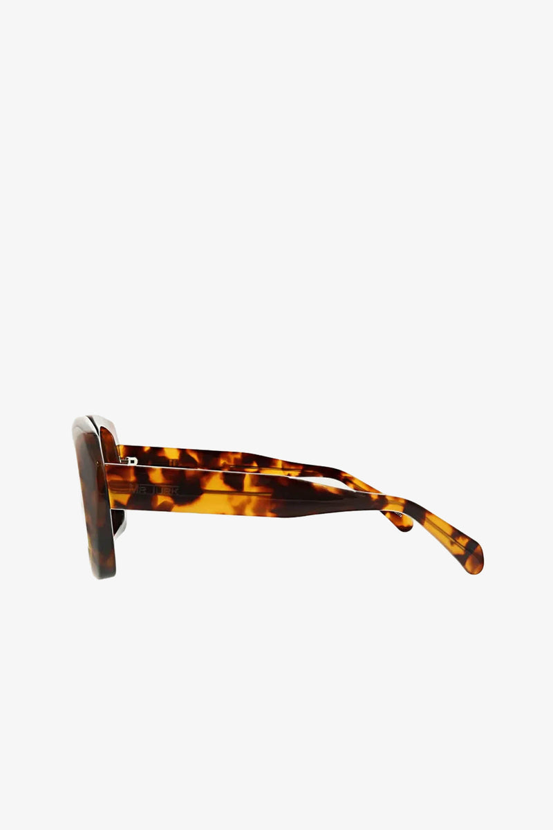 Side view of the Andros Sunglass featuring thick, rectangular tortoiseshell-patterned frames and arms, displayed against a plain white background.