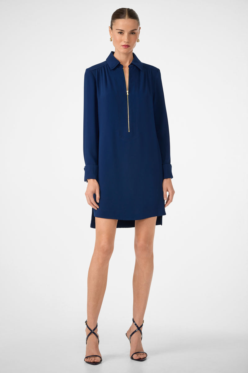 A woman stands against a plain background wearing the Darya Long-Sleeve Dress in Ink, featuring a gold zipper at the neckline and black high-heeled sandals.