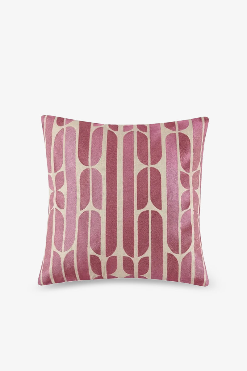 Palmdale Embroidered Square Pillow with an ombré pink and beige geometric pattern featuring vertical and oval shapes on a light background, shown against a plain white backdrop.