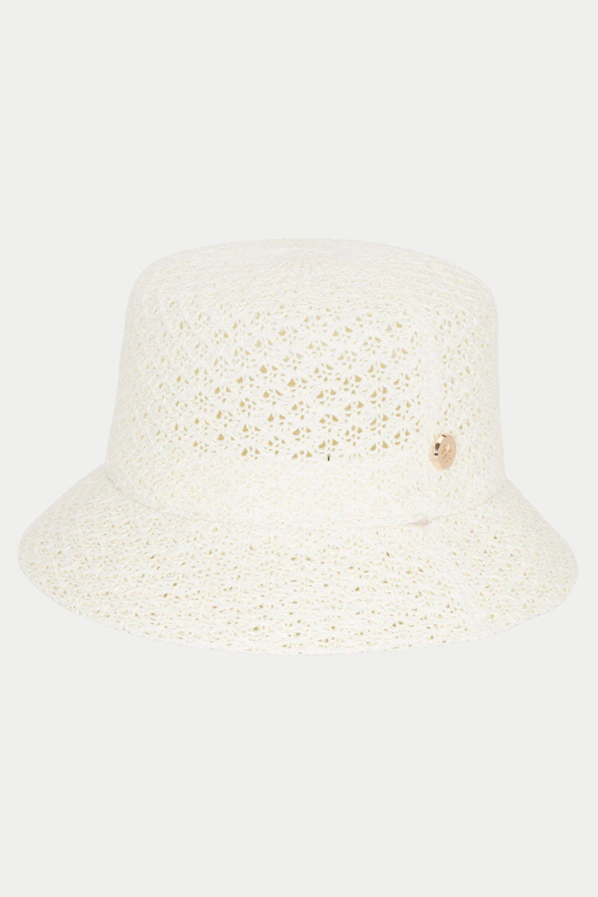The TT Palm Cream Knit Bucket Hat is a cream-colored, knit bucket hat featuring a small round button on the side, displayed against a plain light background.