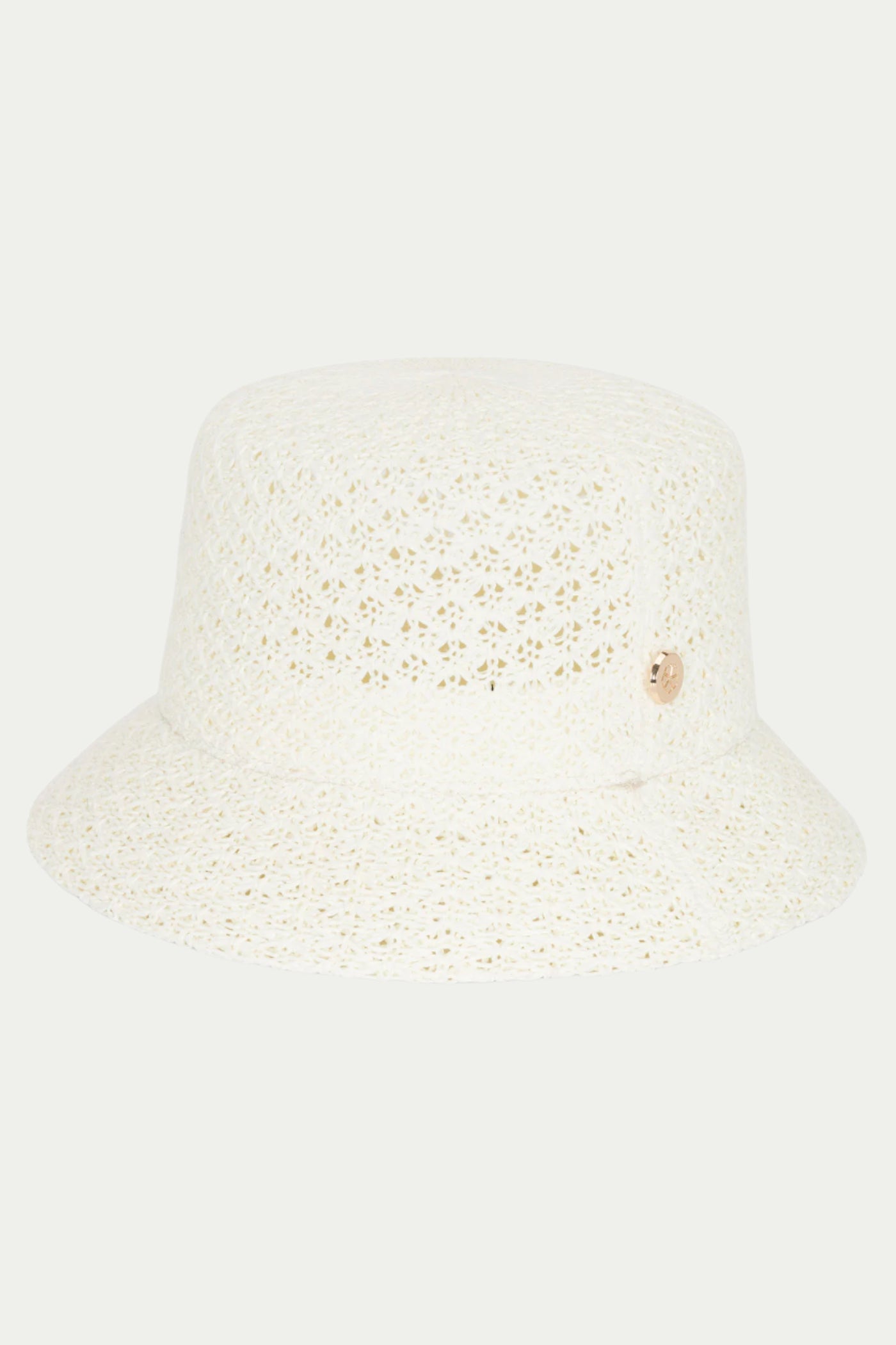 The TT Palm Cream Knit Bucket Hat is a cream-colored, knit bucket hat featuring a small round button on the side, displayed against a plain light background.