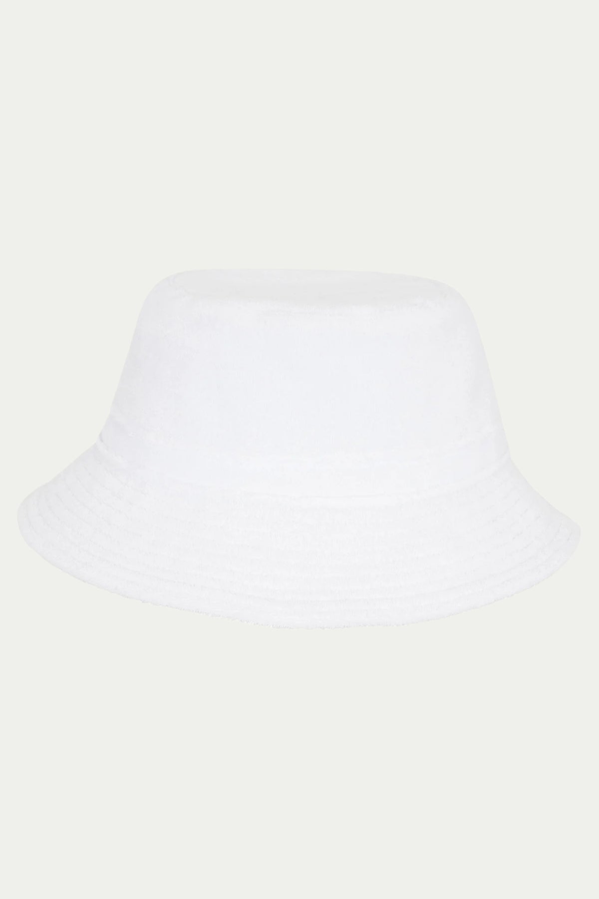 The Gilligan Bucket Hat - Linsk Terry in white, featuring a wide, downward-sloping brim, is displayed on a light gray background.
