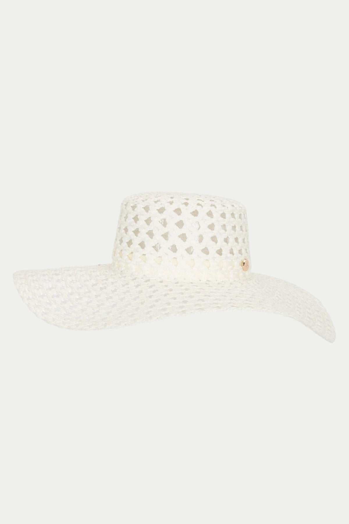 The TT Poolside Gossip White Wide-Brim Sun Hat features a flat crown and small circular cutouts in its woven straw material, shown against a plain light background.