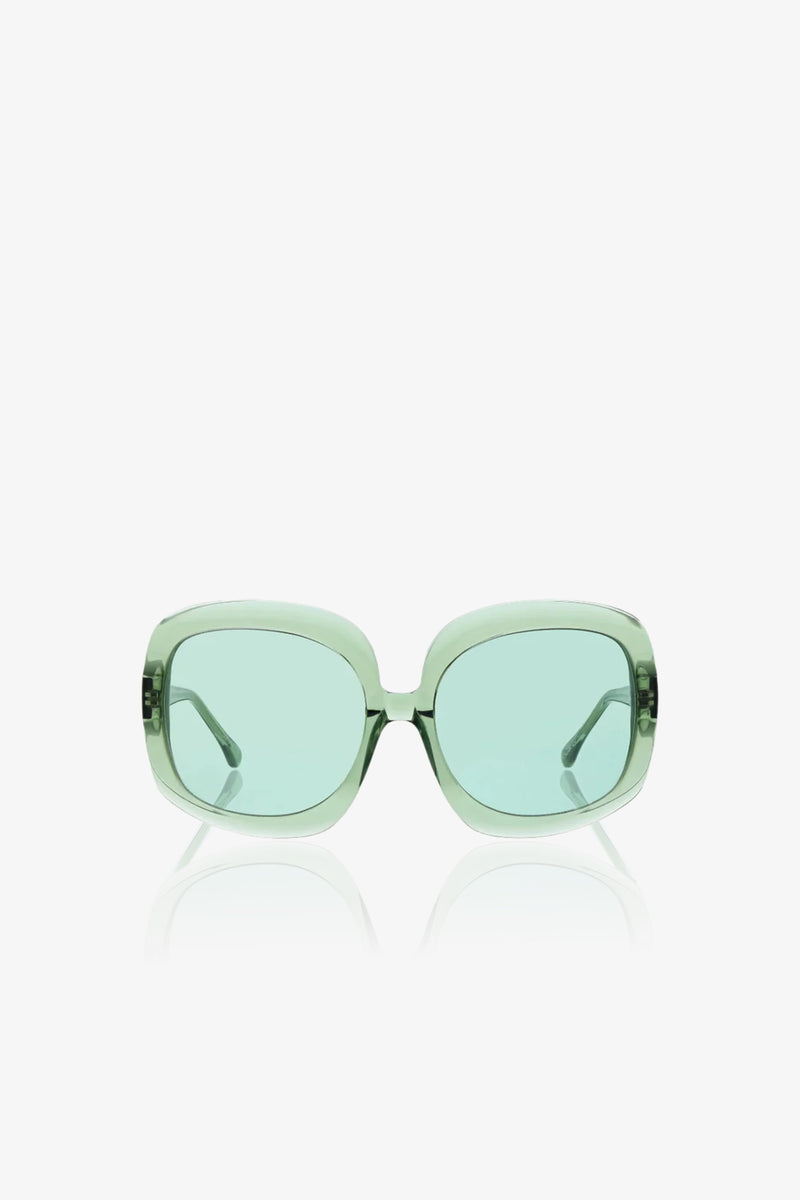 Bedarra Sunglasses featuring oversized square frames in light green with matching tinted lenses, displayed against a plain white background.
