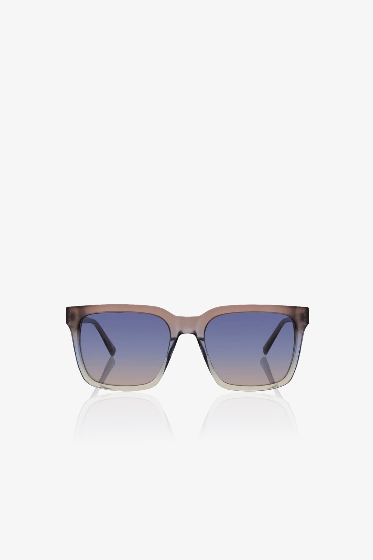 Moneo Sunglass featuring rectangular brown gradient frames and blue gradient lenses, displayed on a plain white background.