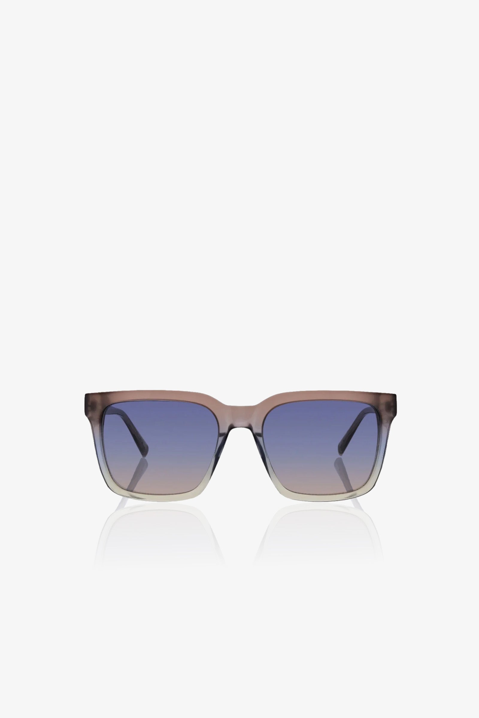 Moneo Sunglass featuring rectangular brown gradient frames and blue gradient lenses, displayed on a plain white background.