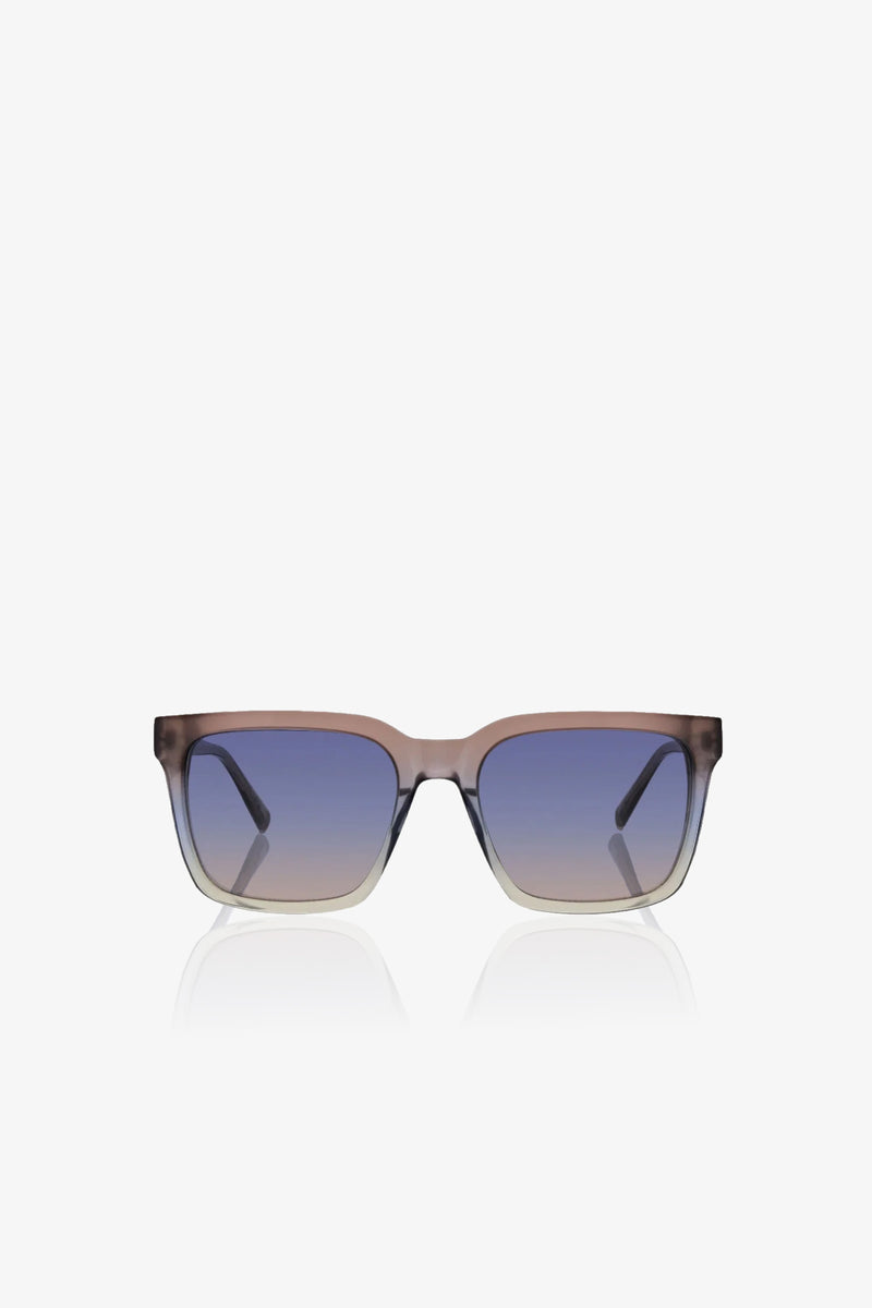 Moneo Sunglass featuring rectangular brown gradient frames and blue gradient lenses, displayed on a plain white background.