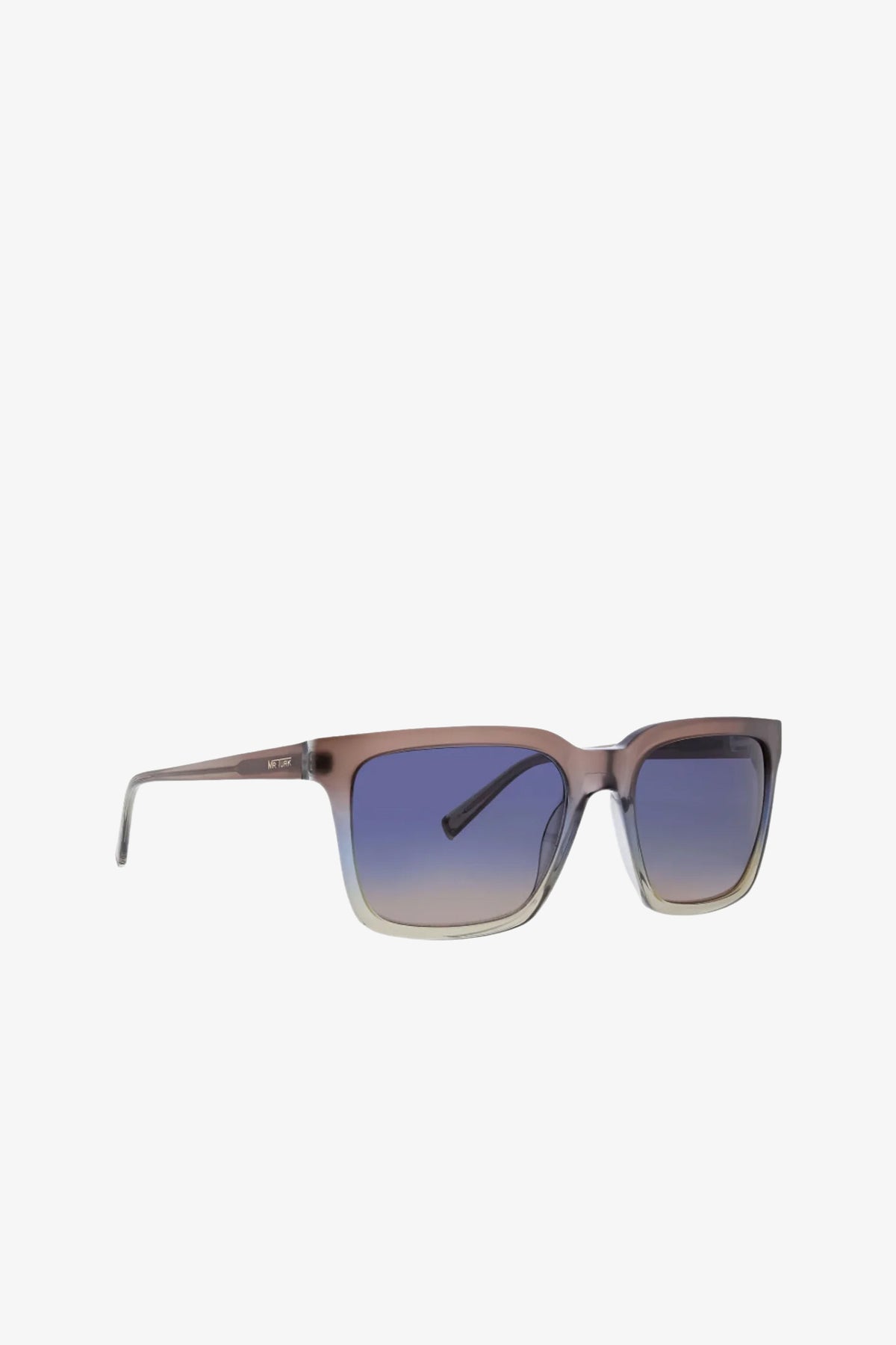 Moneo Sunglass featuring rectangular brown translucent frames and blue gradient lenses, displayed on a white background.