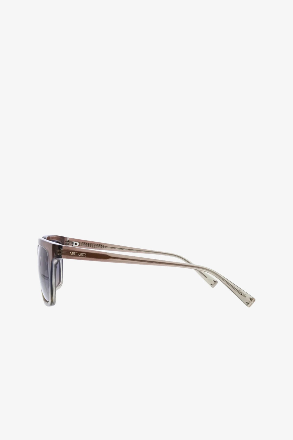Side view of the Moneo Sunglass, featuring translucent gray rectangular lenses and straight, slightly curved arms, set against a plain white background.