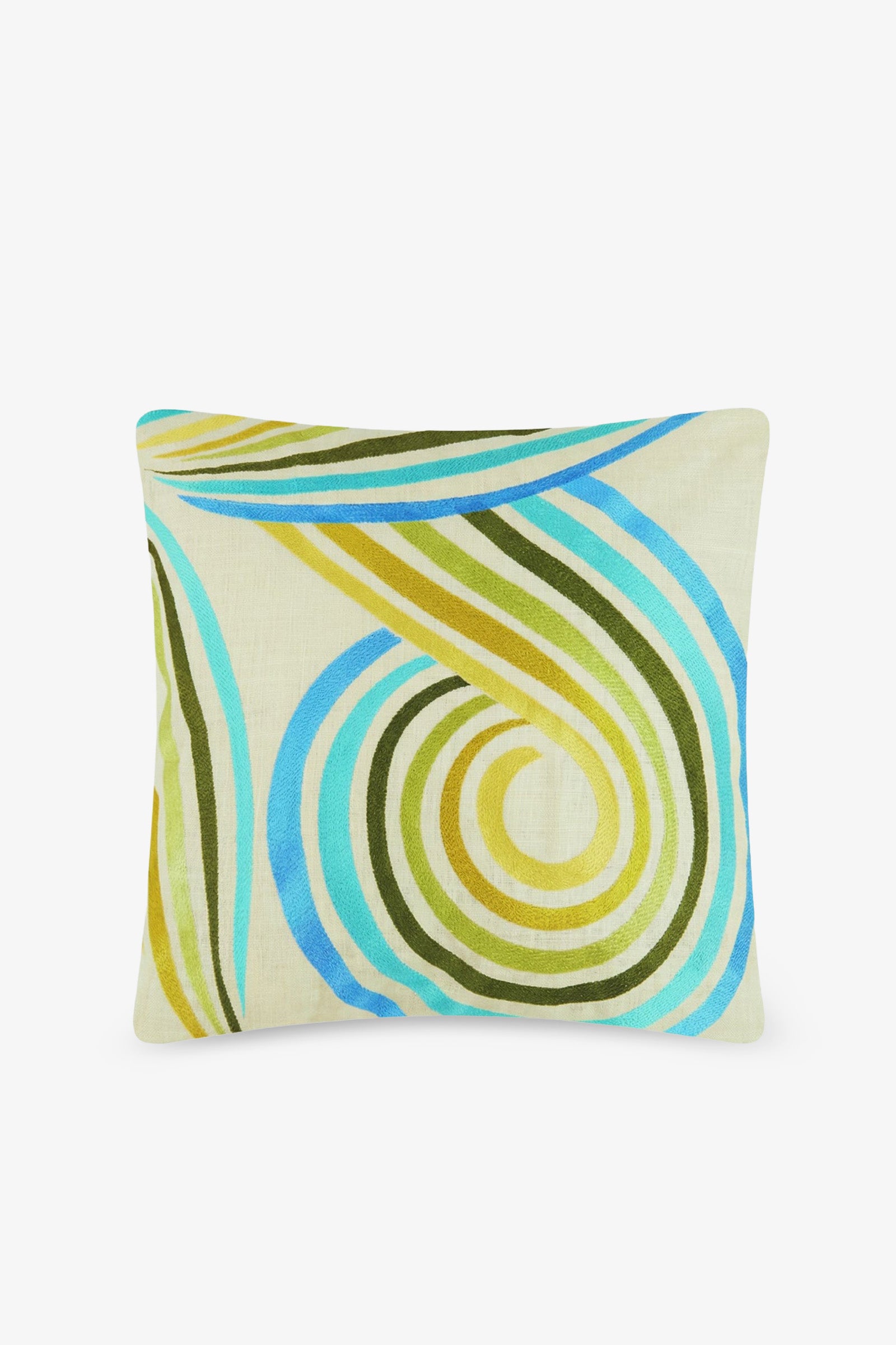 Introducing the Calexico Embroidered Square Pillow, featuring a retro, abstract swirl pattern in blue, green, and yellow on a cream background. With curved, overlapping lines creating a geometric and artistic flair, this stylish 20″x20″ pillow is perfect for adding a modern touch to your space and pairs beautifully with plush down feather inserts for extra comfort.
