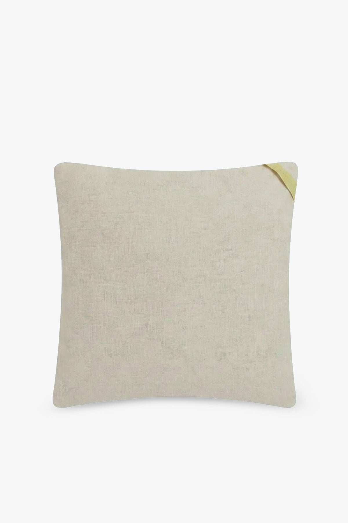 The Calexico Embroidered Square Pillow is a rectangular beige pillow with a subtly textured fabric and a small yellow corner tag, shown against a white background. It features a 20″x20″ pillow cover and plush down feathers for enhanced comfort.