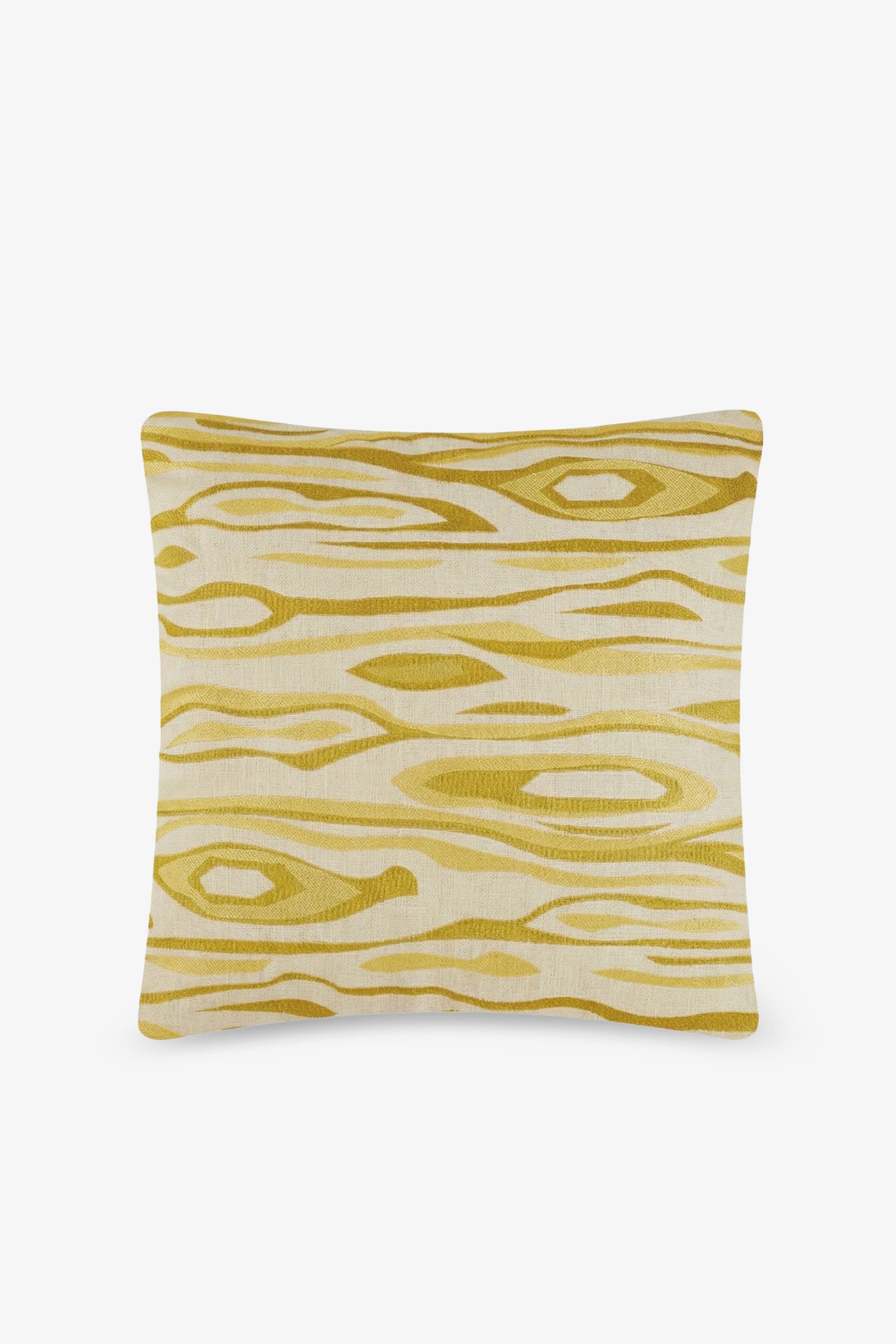 Monterey Embroidered Square Pillow featuring a cream background and a yellow abstract woodgrain pattern with wavy, irregular horizontal lines and oval shapes. The pillow is displayed on a plain white background.