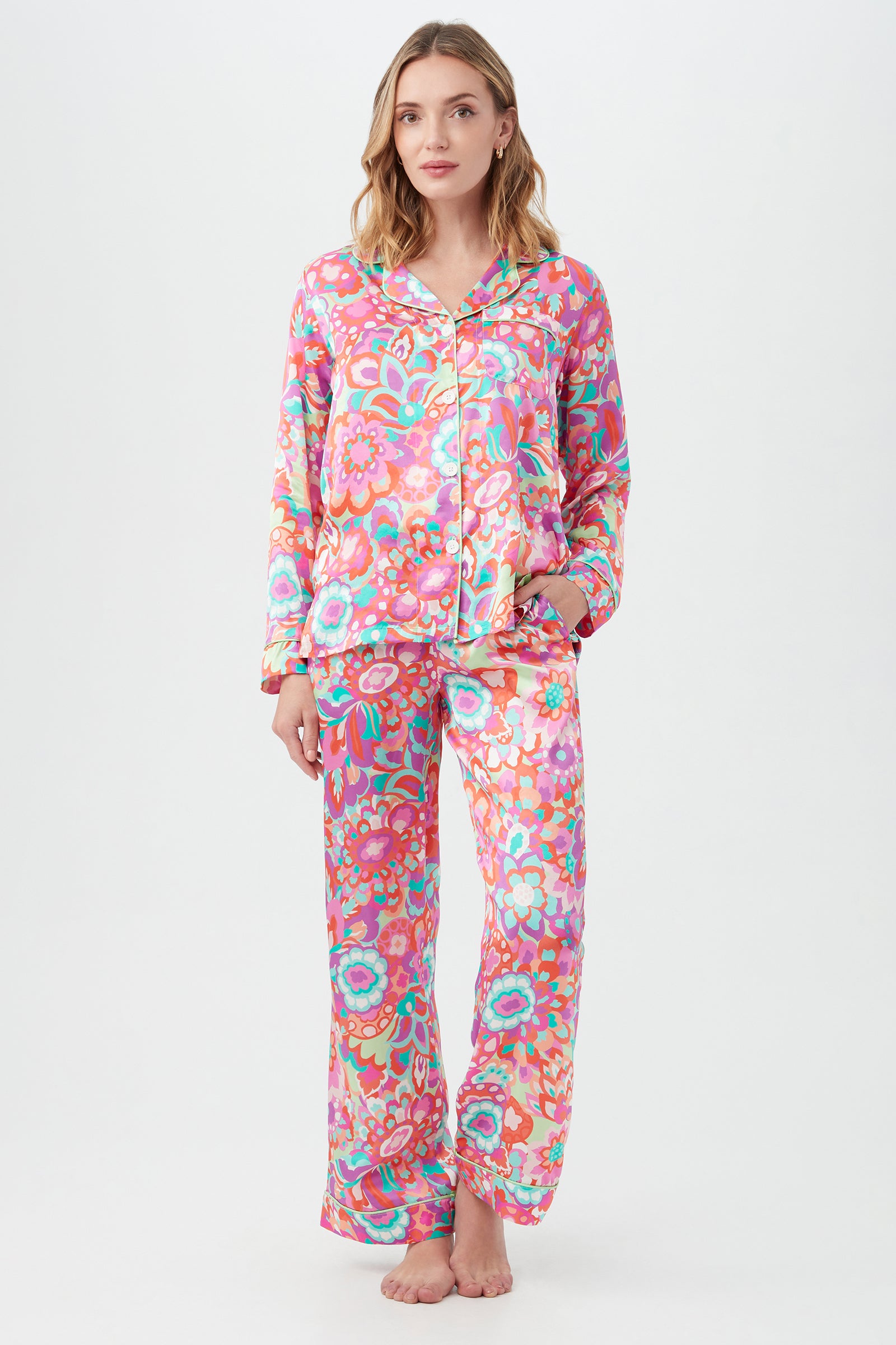 Summer Floral Women's Long Sleeve Long Pant Silk PJ Set