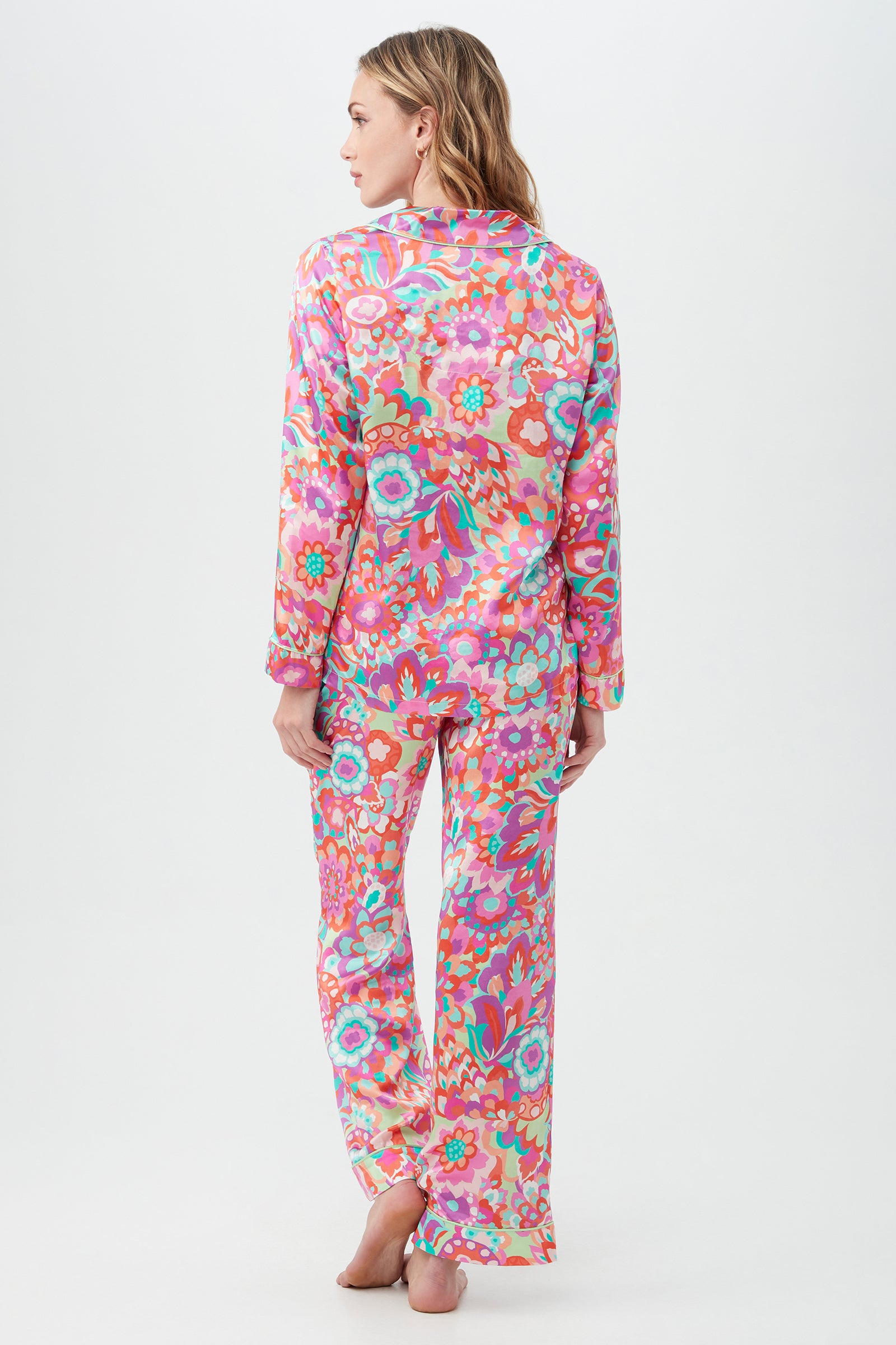 Summer Floral Women's Long Sleeve Long Pant Silk PJ Set