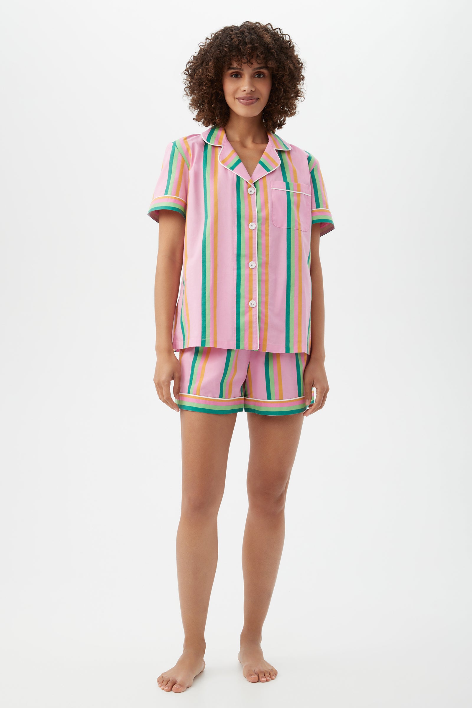 Pineapple Stripe Women's Short Sleeve Shorty Cotton PJ Set