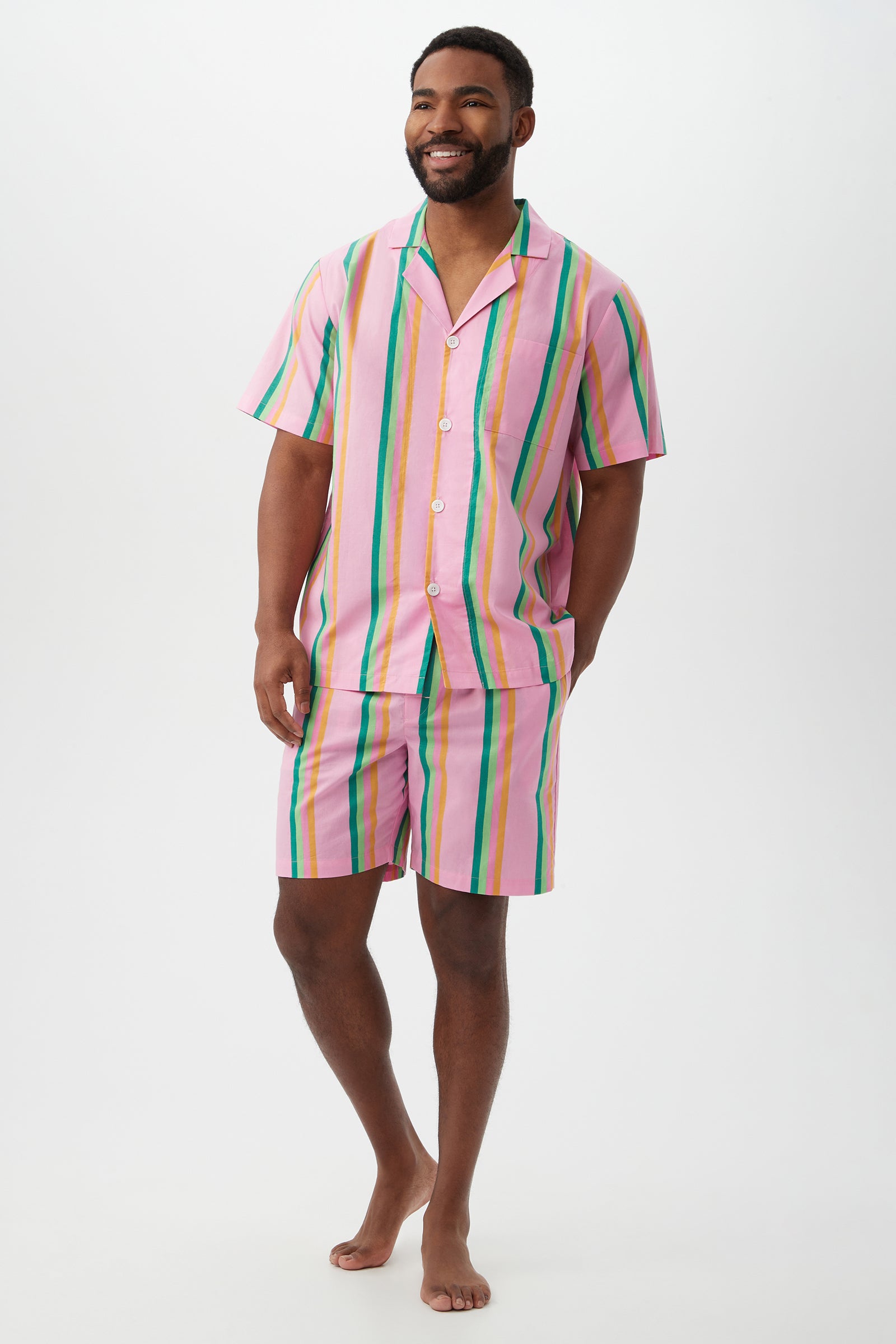 PINEAPPLE STRIPE MEN'S SHORT SLEEVE SHORT COTTON PJ SET – Trina Turk