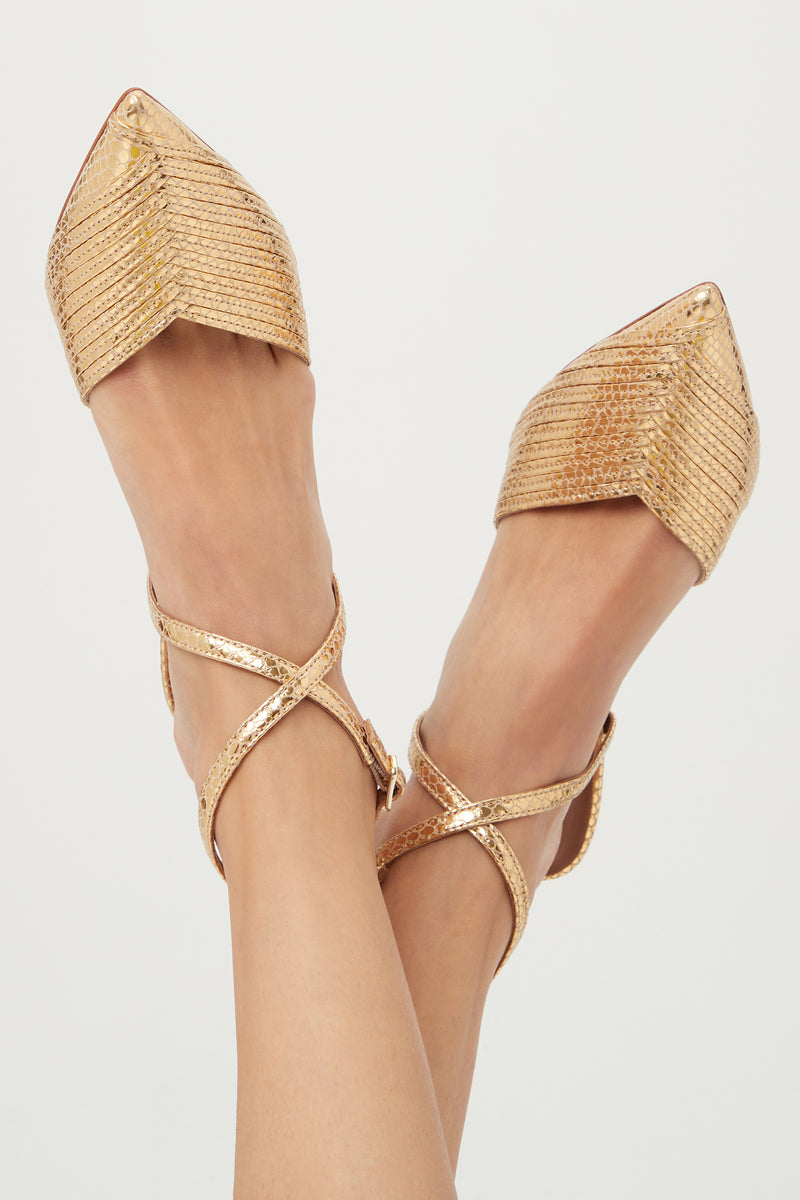 Gold Buckle Pointed Toe Low Heels | Moon&Jade