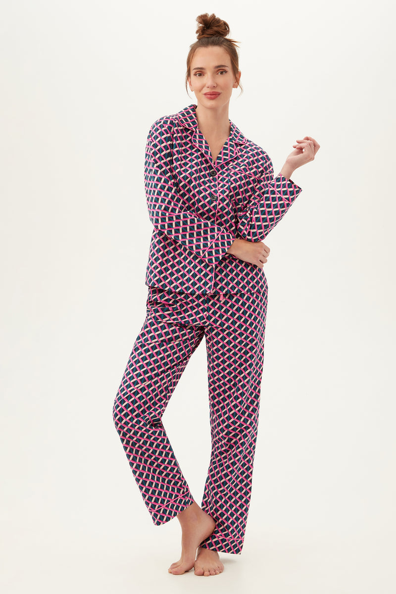 LATTICE GEO WOMEN'S LONG SLEEVE LONG PANT COTTON PJ SET in MULTI additional image 3