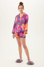 EVENING BLOOM WOMEN'S LONG SLEEVE SHORTY SILK PJ SET in MULTI