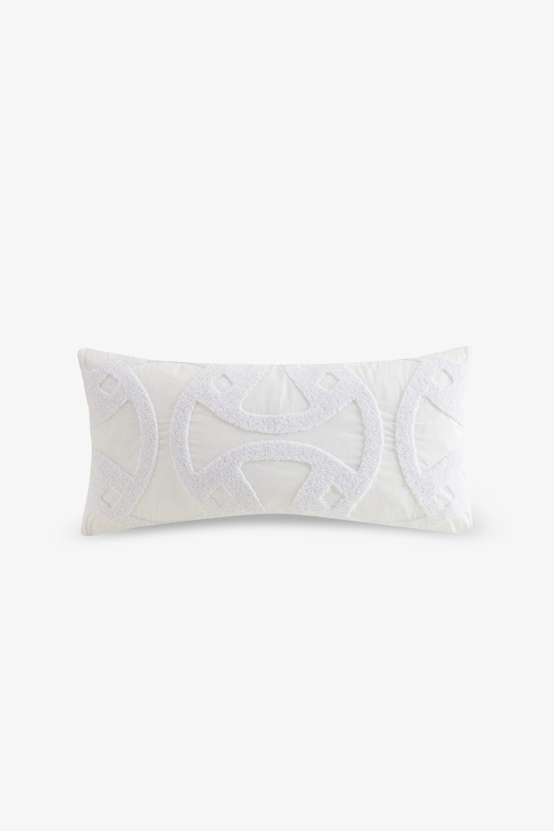 The Santorini Embroidered Lumbar Pillow is a rectangular white decorative pillow featuring a textured, geometric pattern embroidered in white on the front. Made from cotton percale, it boasts a plain, light background that highlights the pillow’s elegant design.