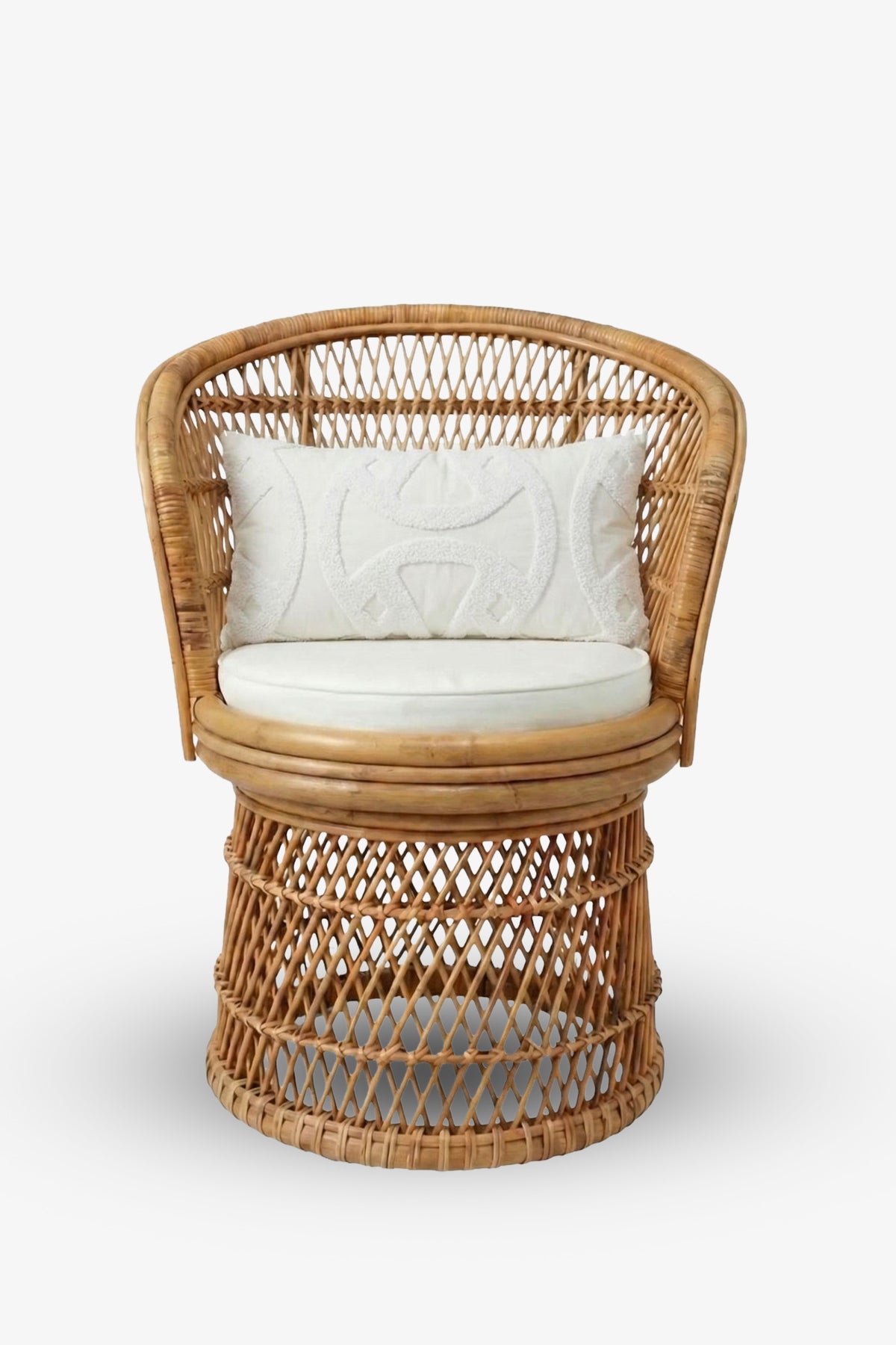 Featuring the Santorini Embroidered Lumbar Pillow as a decorative white tufted accent, this round rattan chair displays an open lattice design and includes a circular white seat cushion, all set against a plain white background.