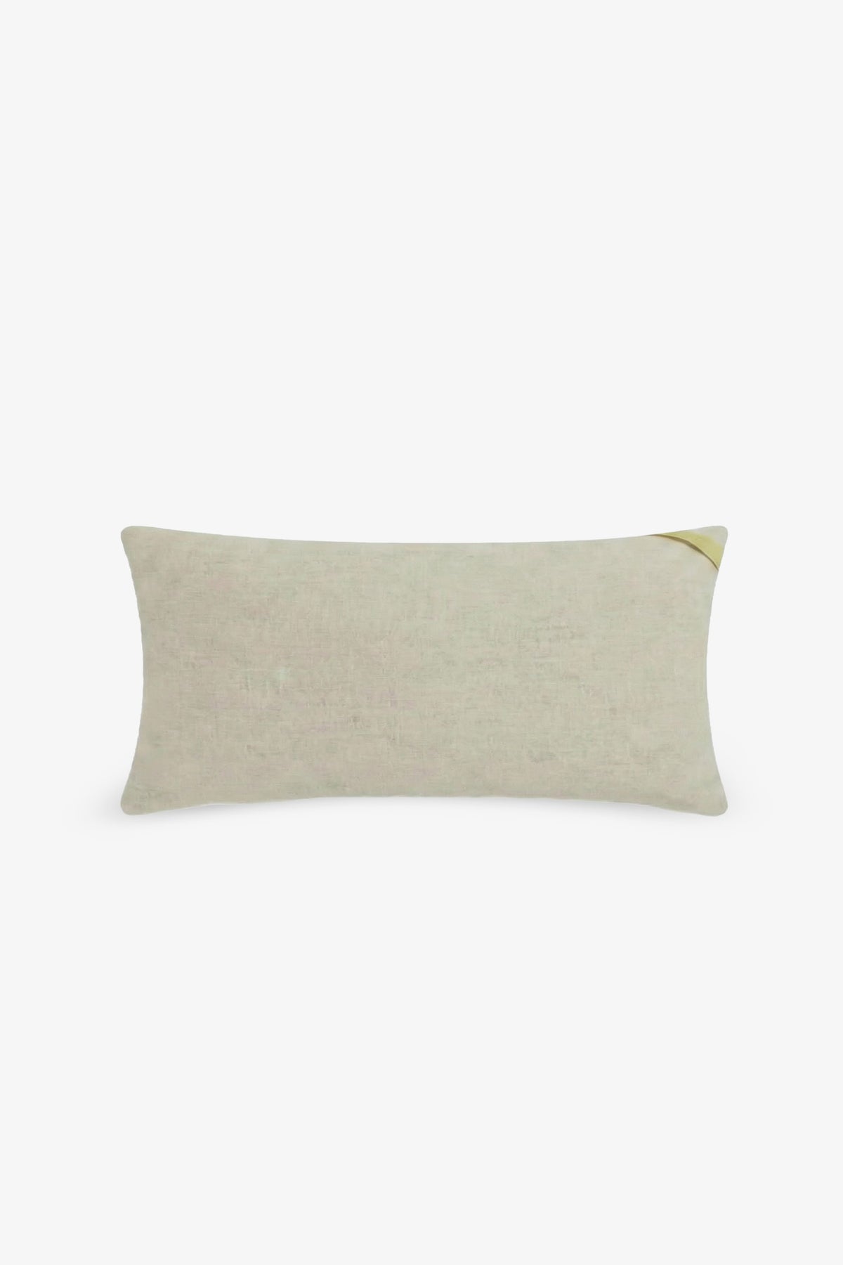 Santorini Embroidered Lumbar Pillow featuring a rectangular beige cotton percale design with a simple, plain fabric texture and a subtle light yellow folded corner detail at the top right, displayed on a white background.